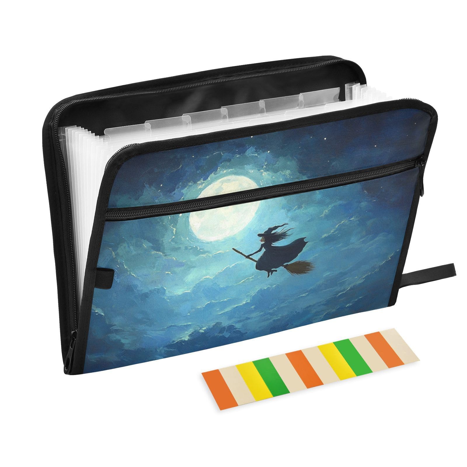 Witch Broomstick Moonlit Sky Accordion File Organizer A4 Size File Folders Legal with Zipper Poly Expanding File Multi Pocket Folder for Tactical
