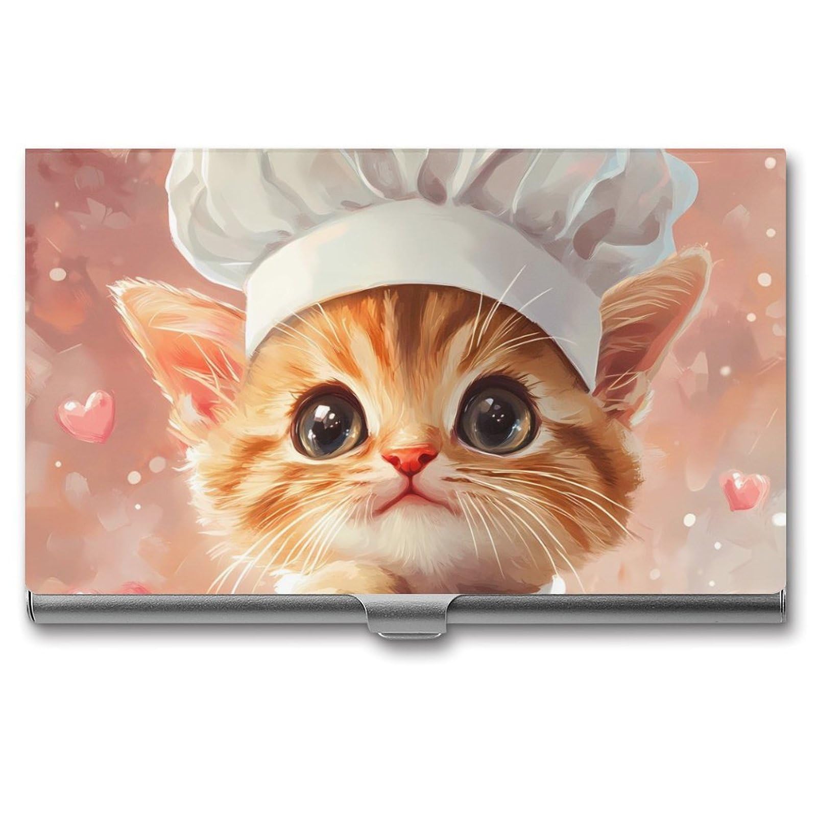 Cute Chef Kitty Cat Slim Business Card Holder Wallet for Men & Women Pocket Metal Case 3.7x2.2x0.3 Inches
