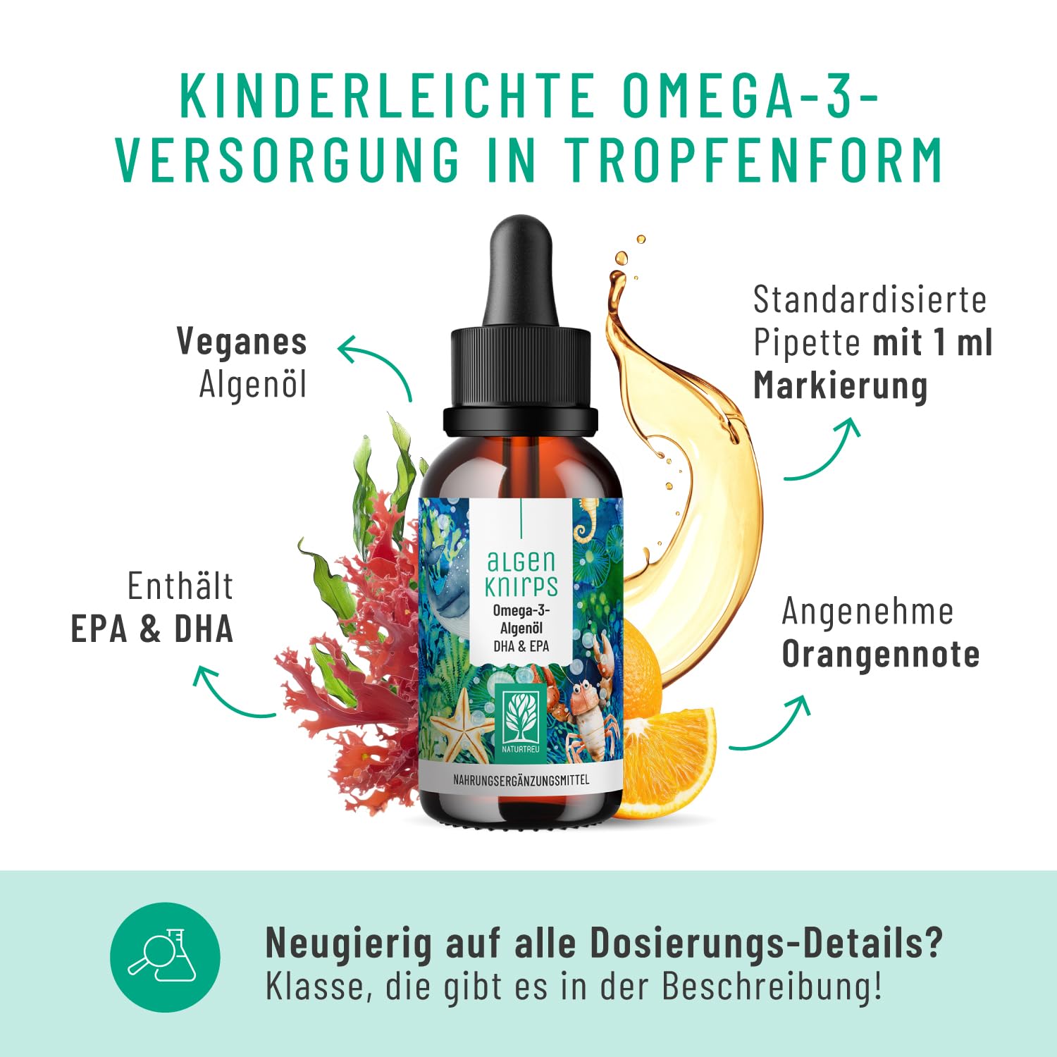 NATURTREU® Omega 3 für Kinder aus Algenöl - Optimiert für Kinder mit leckerem Orangen Geschmack, 250 mg DHA und 125 mg EPA pro Portion - kein Tropfen zählen nötig - Omega 3 Kids - Vegan - 50 Portionen