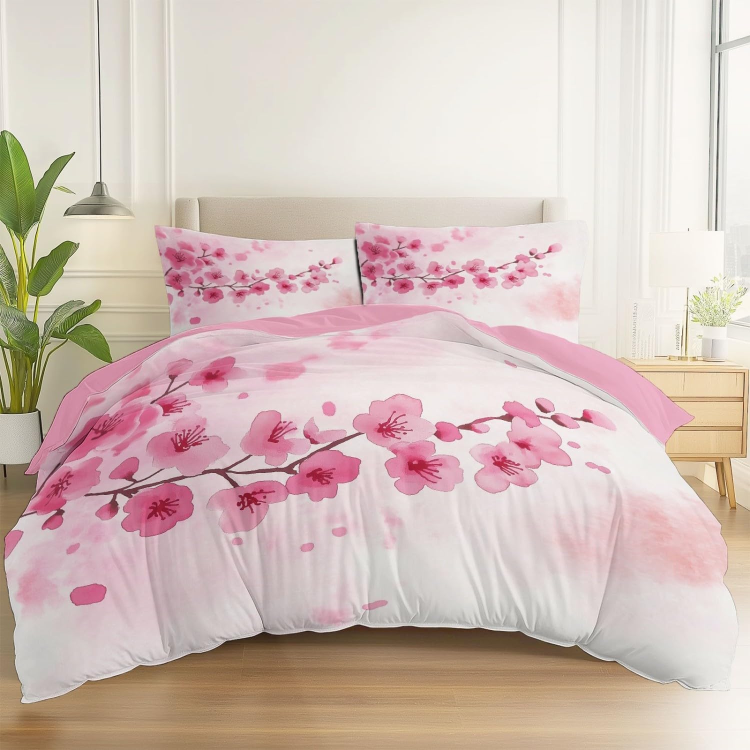 Duvet Cover 140 x 200 cm with 2 Pillowcases – Simple Cherry Blossom Design Reversible Watercolour – Adult Bedding Set Duvet Cover with Zips, Evening Primrose Powder
