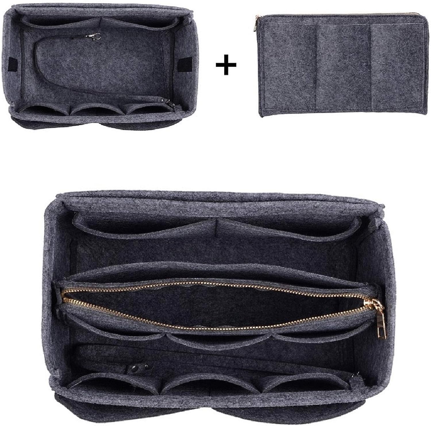 Purse Organizer Insert for Handbags, Premium Felt Organizer with Zipper Pocket (Large, Grey)
