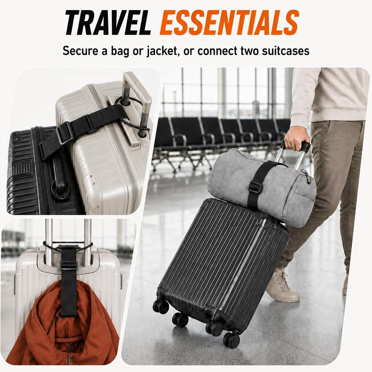 Luggage Straps for Suitcases, 2 Pack Black Adjustable Elastic Double-Loop Luggage Connector Straps, Thick, Durable, Waterproof Multi-Use Straps for Totes, Backpacks and Duffel Bags.