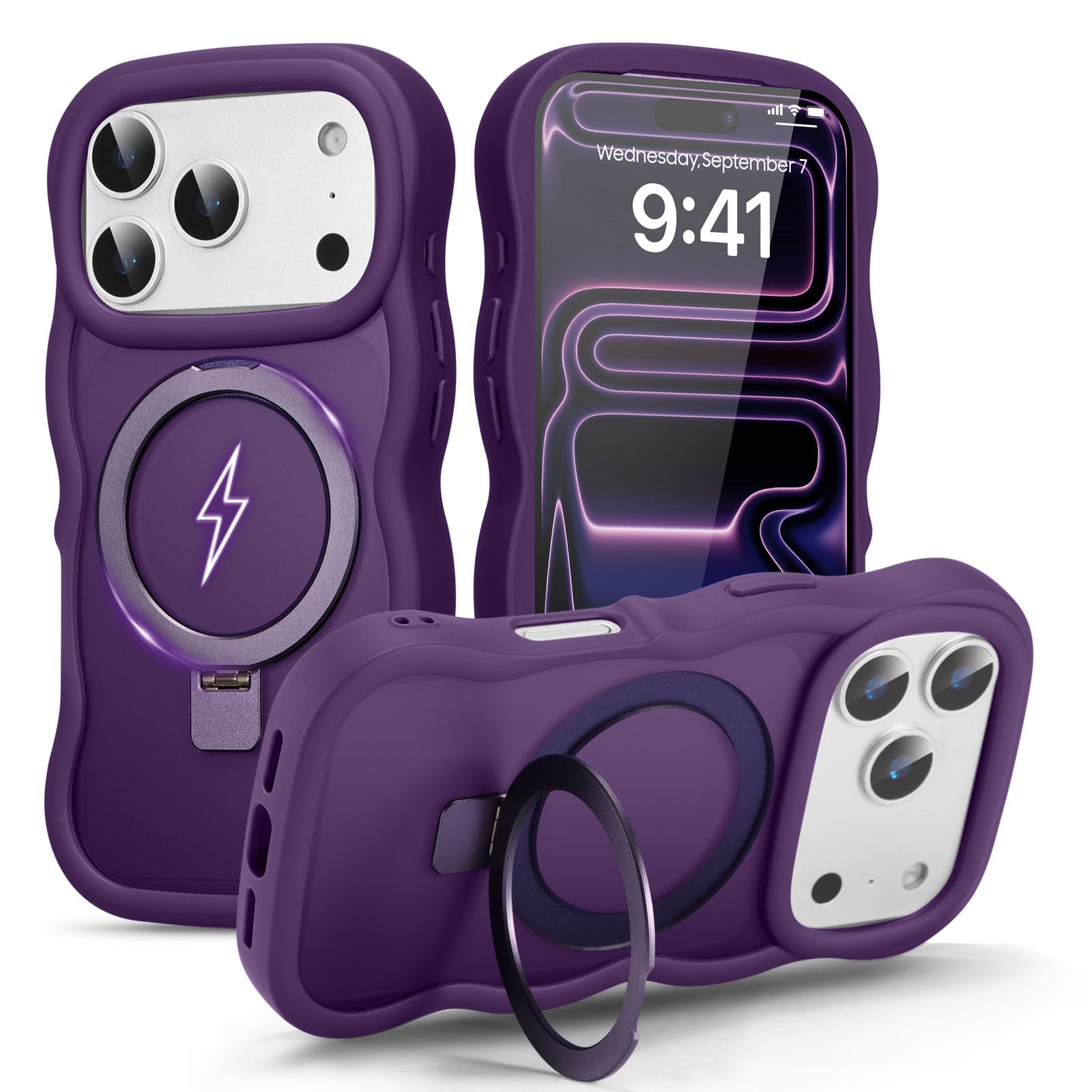 UEEBAI 対応 iPhone 17 Pro Max 用の ケース 半透明 TPU ウェーブデザイン スマホケース 可愛い 人気 おしゃれ ケース Magsafe対応 横縦両立 薄型 軽量 マグネット搭載 波型 バンパー スマホケース - パープル