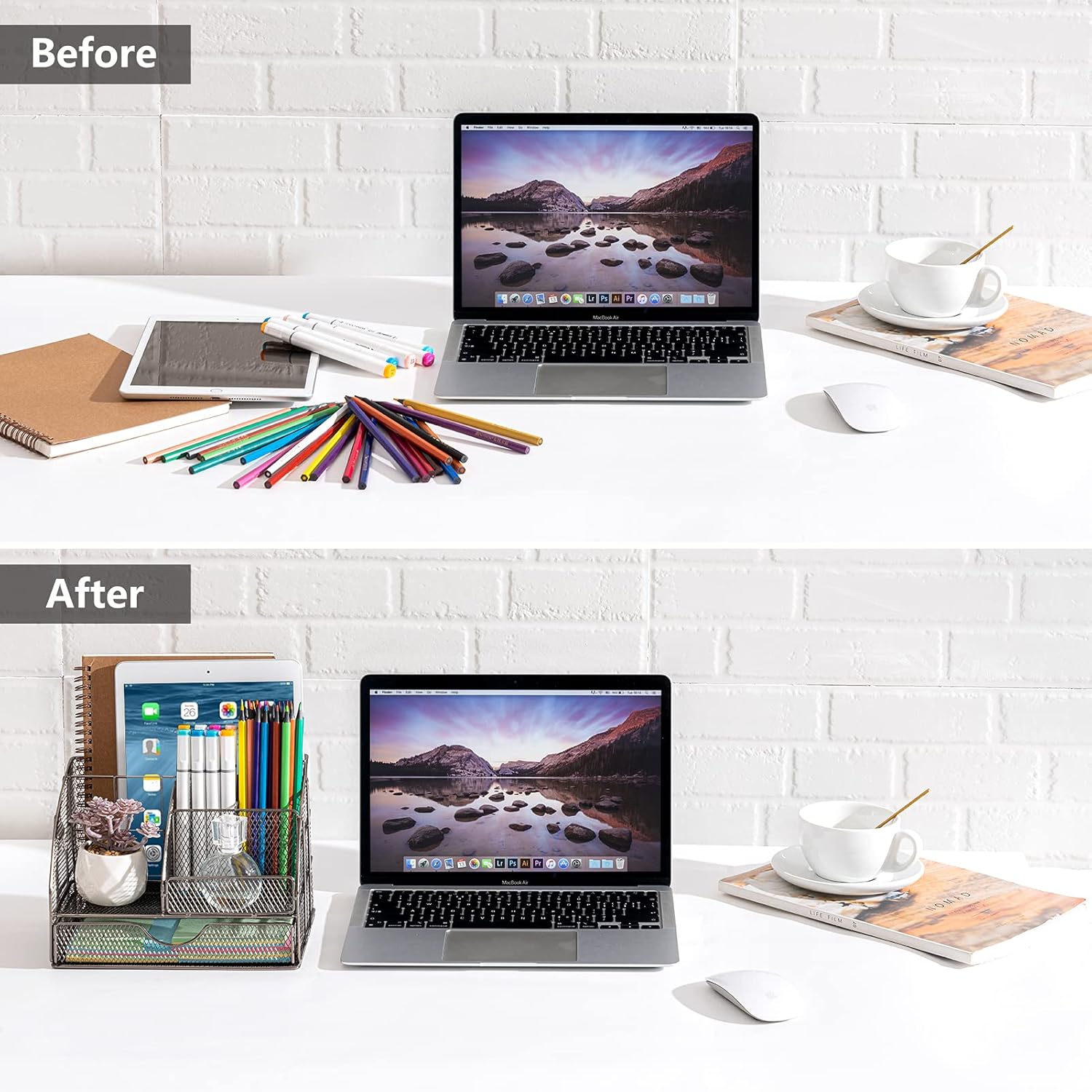 HBlife Desk Organizers Mesh Office Supplies Desk Accessories with 6 Compartments + Drawer + Pen and Pencil Holder for Home & Office Desktop Organization & Decor - Black : Office Products