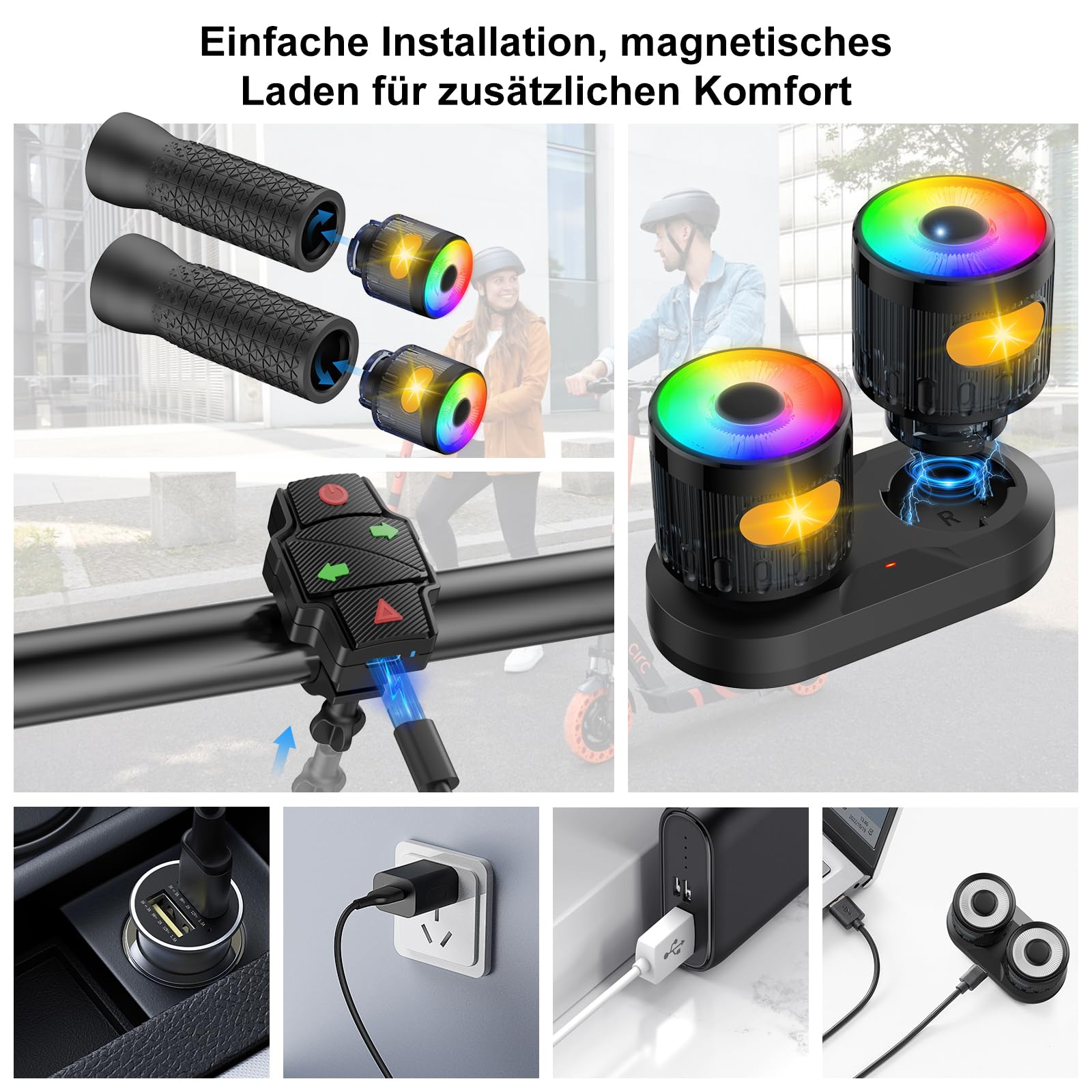 E Scooter Blinker Griff mit Farbwechsel-Lichtern, Roller Blinklicht mit magnetischer Ladestation & Fernbedienung Warnlicht für Xiaomi M365/Pro2/1S, Ninebot G30 Ersatzlenker, Scooter-Zubehör