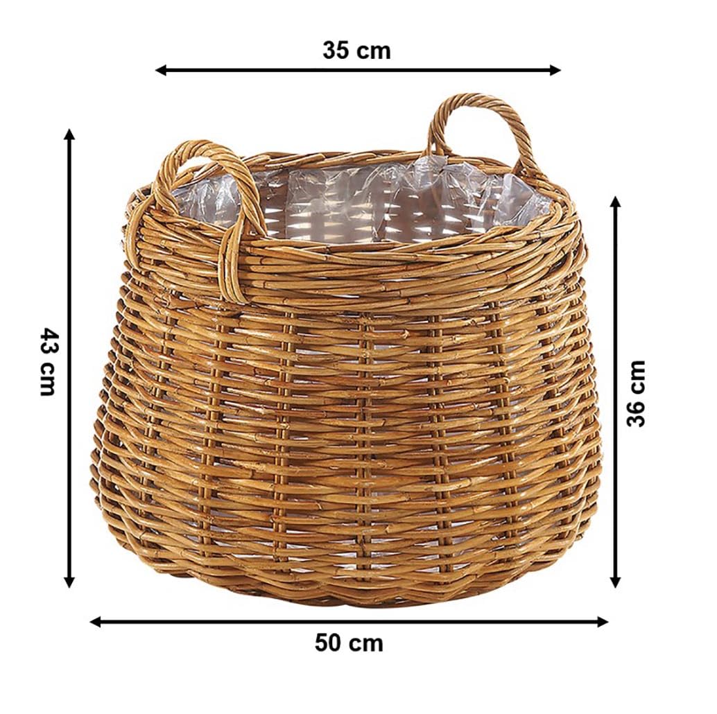 Kobolo Pflanzkorb rund Ø 48 cm braun, geflochtener Rattan Übertopf mit Folie, Pflanzkübel & Blumenkorb für Zimmerpflanzen, stabil & dekorativ, Blumentopf für den Innen- und geschützten Außenbereich