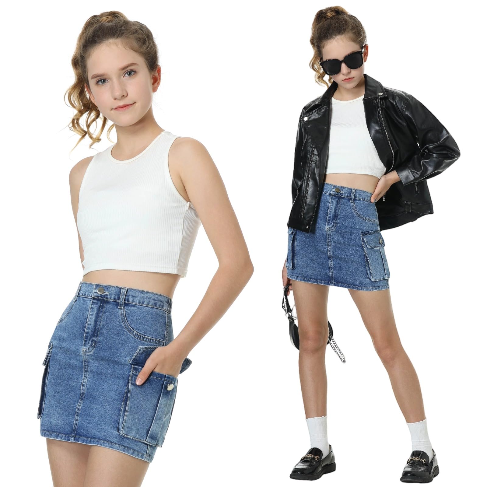 EXARUS Gonna cargo da ragazza, in cotone elastico, a vita alta, linea ad A, minigonna corta con tasche, per la scuola, casual, 8-14 anni