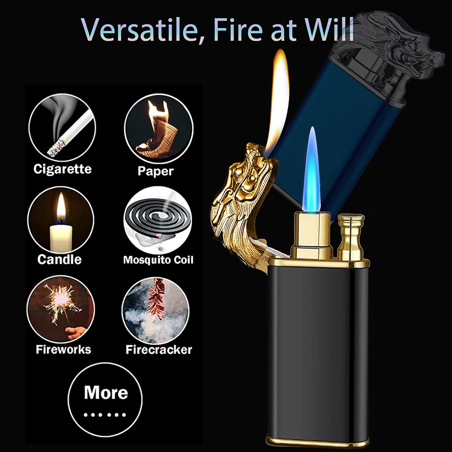 Magic Dual Flame Dragon Lighter, Dragon Dual Fire Lighter, Creative Windproof Dragon Torch Lighter, Cool Dual Jet Flame Butane Lighter, Refillable Butane Lighter for Outdoor Indoor(Black) : Health & Household