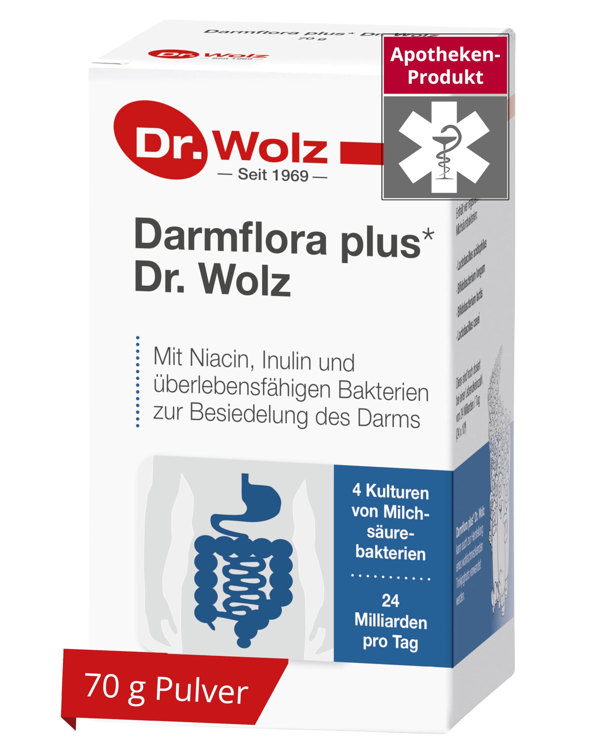 Dr. Wolz Darmflora plus Pulver – Hochdosierte Probiotika (24 Mrd. Milchsäurebakterien pro Tag, 4 Stämme, Inulin, 70 g)