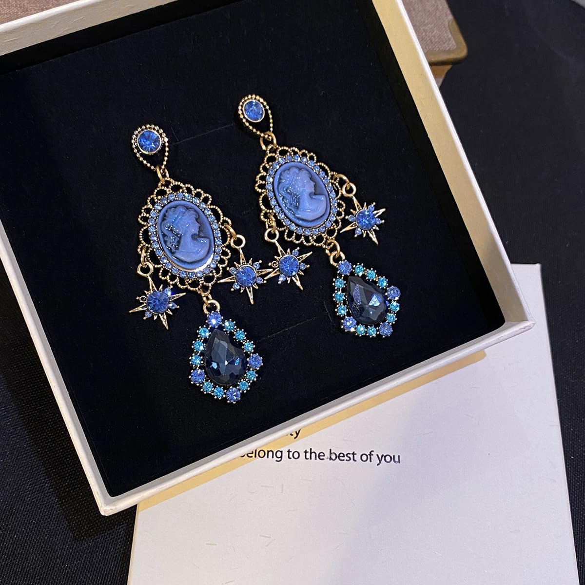 Vintage Blue Cameo Dangle Earrings for Women, Victorian Chandelier Drop Earrings with Rhinestones, Retro Baroque Statement Jewelry for Party, Wedding, Prom - Image 3