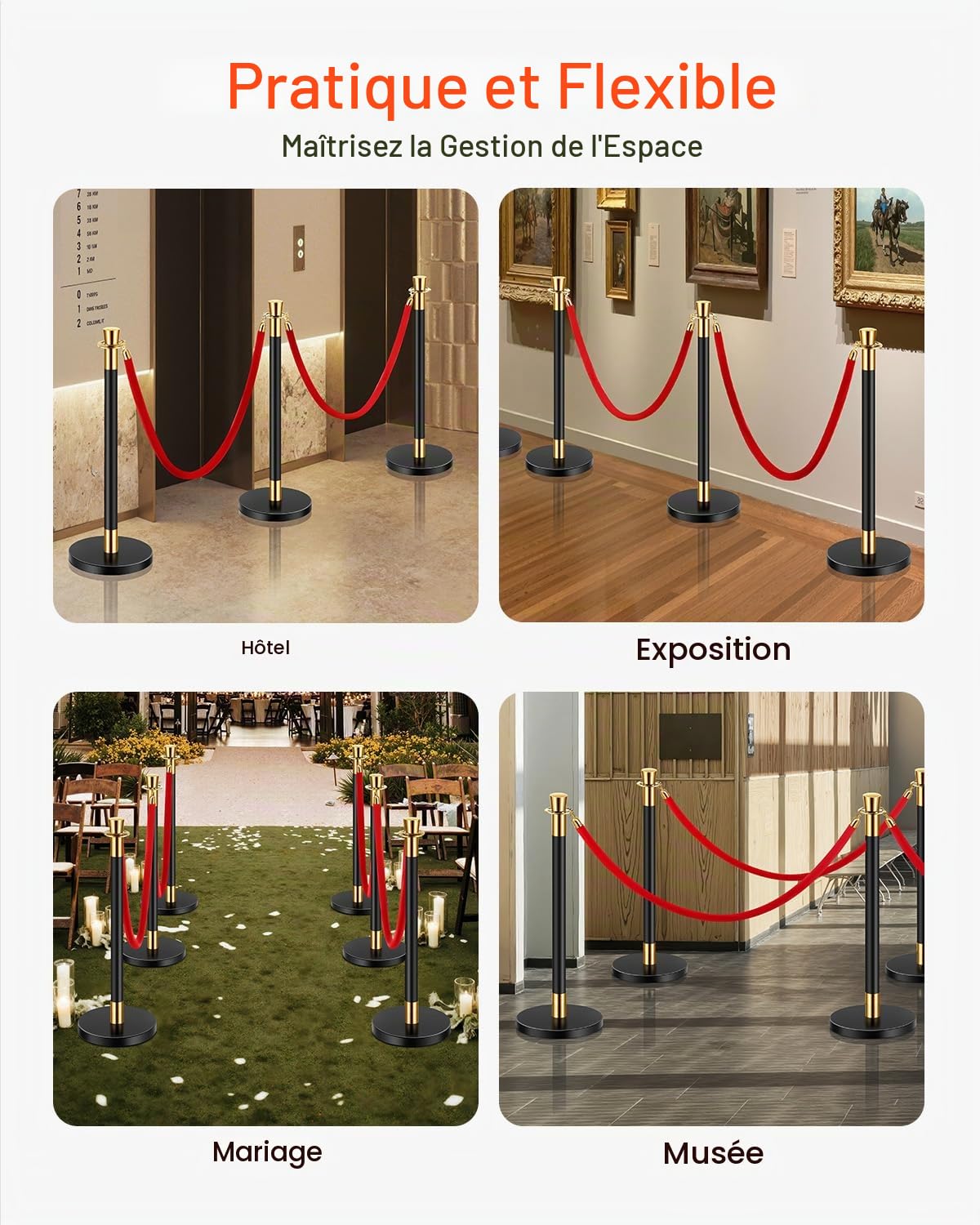 VEVOR Poteau de guidage, 6 pcs, barrière de balisage pour contrôle de foules, avec base creuse, 4 cordes velours rouge et poteaux noirs en acier inoxydable, pour théâtre, mariage, fournitures de fête