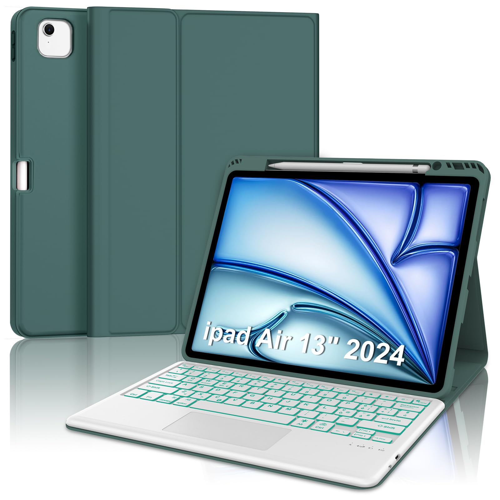 Custodia Tastiera per iPad Air 13 M4 2026/M3 2025/M2 2024 con Touchpad, Bluetooth Magnetica Staccabile, Cover Italiano QWERTY Retroilluminate Tastiera per iPad Air 13 Pollici M4/M3/M2, Verde scuro