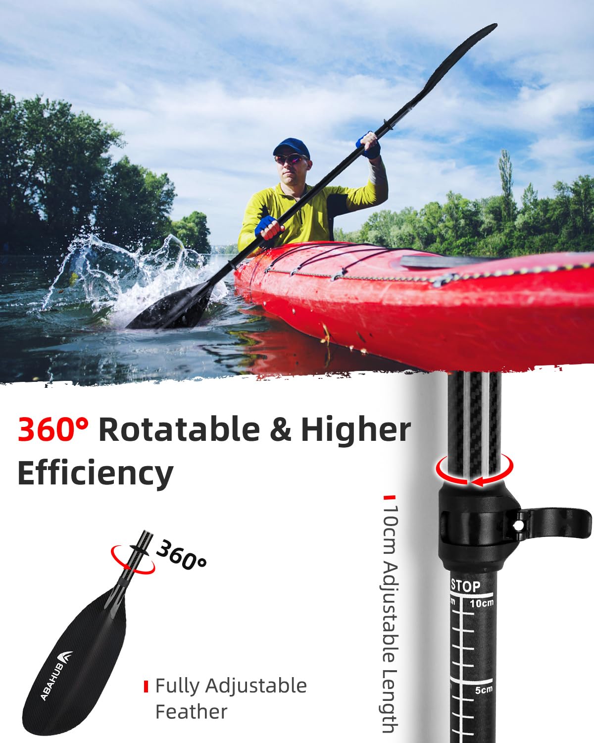 Abahub 2teilig Kajak Paddel Vollcarbon verstellbar 220cm bis 230cm Doppelpaddel mit Paddelleine für Kajakfahren Ruderboot, Carbonschaft Vollkohlefaser Paddelblatt