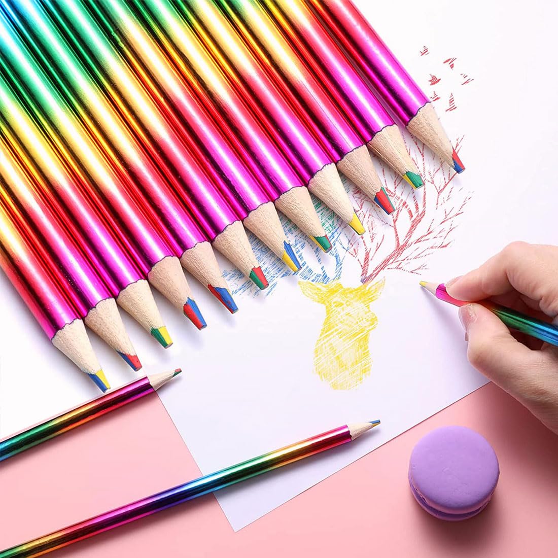 Matite Arcobaleno 7 Colori In 1 - Set Da 24 Con Temperini, Ideale Per Bambini E Disegno