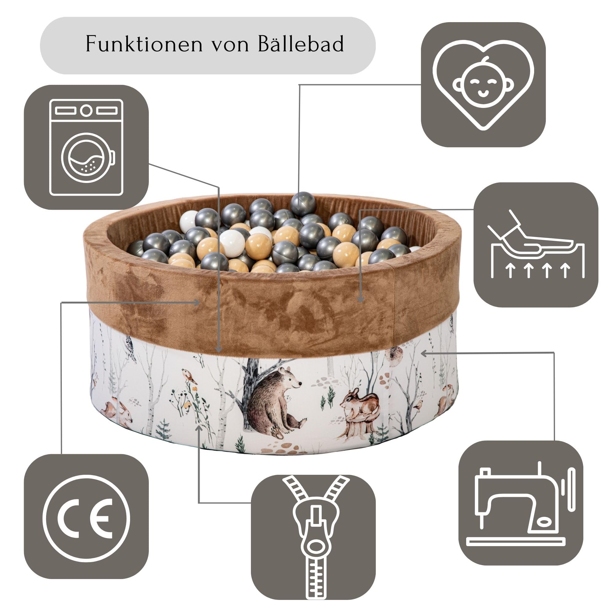 GoldenGroup Baby-Forest-Freunde Bällebad 90x40 cm mit 200 Bällen - Samt und Schaumstoff Rund in Cappuccino: Weiß, Beige, Silber