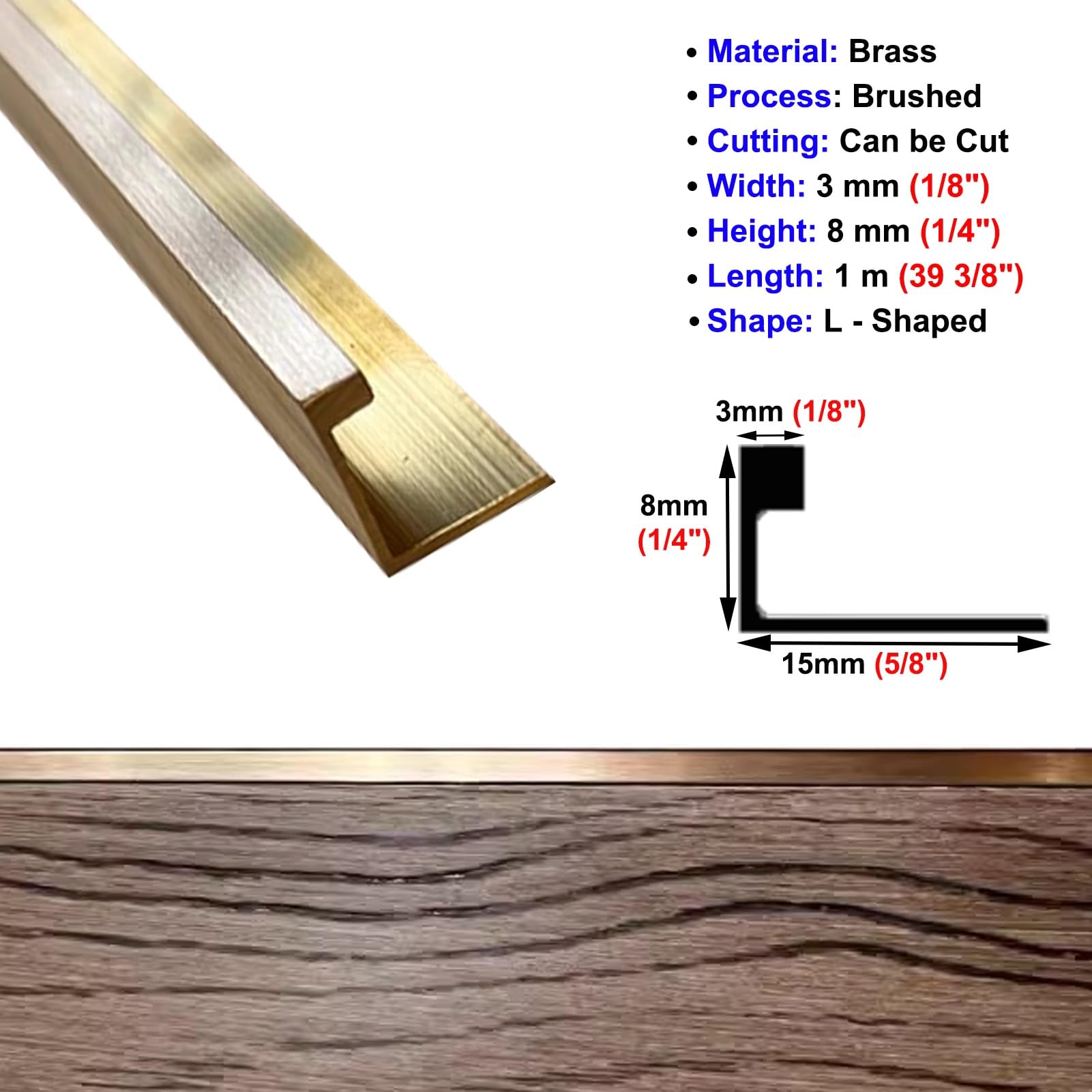 Barre de Seuil L Barre de Transition pour Carrelage sur Sol en Béton, Garniture de Seuil en Laiton Brossé pour Bois sur Moquette, Les Seuils Robustes Couvrent des Largeurs de 3 Mm(3 x 8 mm (1/8 x 1/4"
