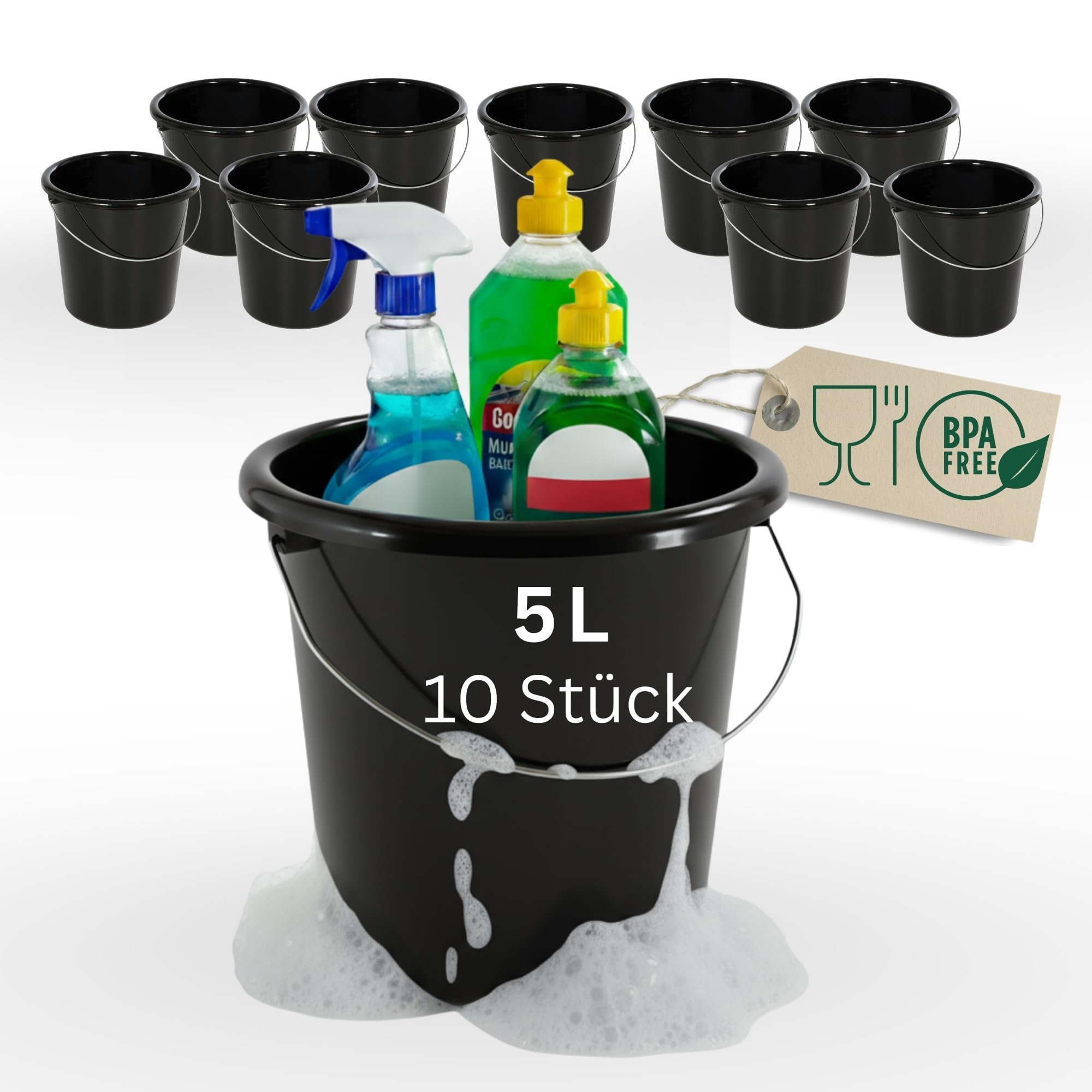 Novaliv Lot de 10 seaux de 5 l noir avec graduation dimensionnelle - Seau de nettoyage de 5 litres ? 22,5 cm - Pratique et polyvalent avec graduation pour la maison et le jardin - Idéal comme seau