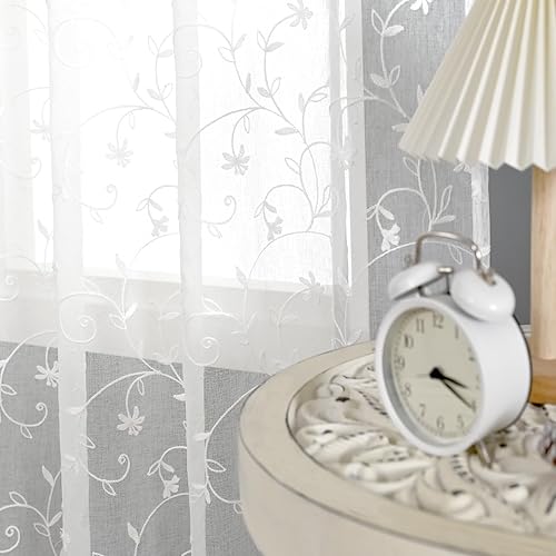Miniatura 8 de BGment Cortinas traslúcidas florales de 84 pulgadas de largo, cortinas de gasa semitraslúcidas con patrón de flores bordadas blancas, cortinas de