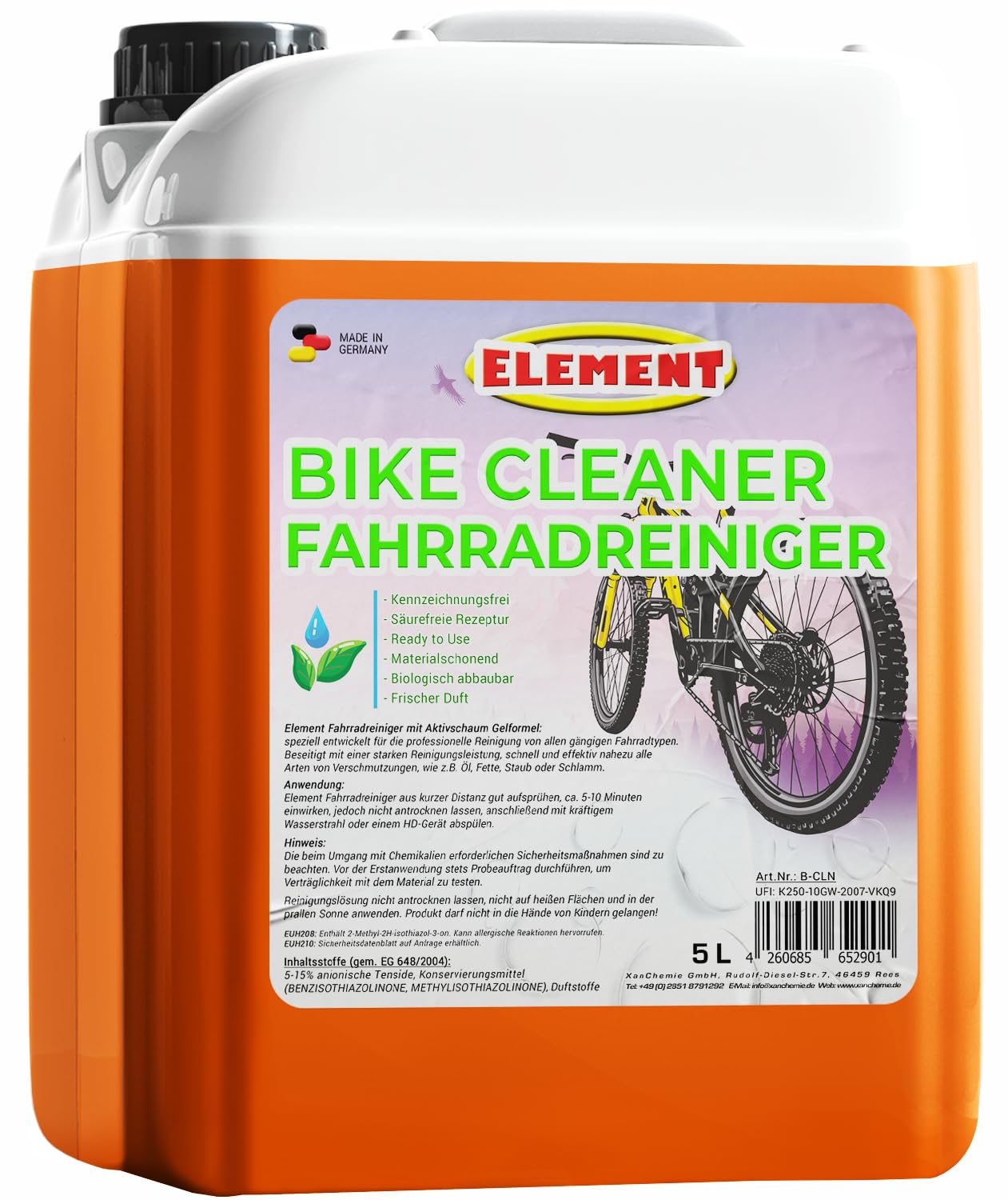 Element Fahrradreiniger I Bike Cleaner I 5 Liter I für alle Oberflächen I Fahrradpflege 5 L I Premium Reiniger für Fahrrad & E bike