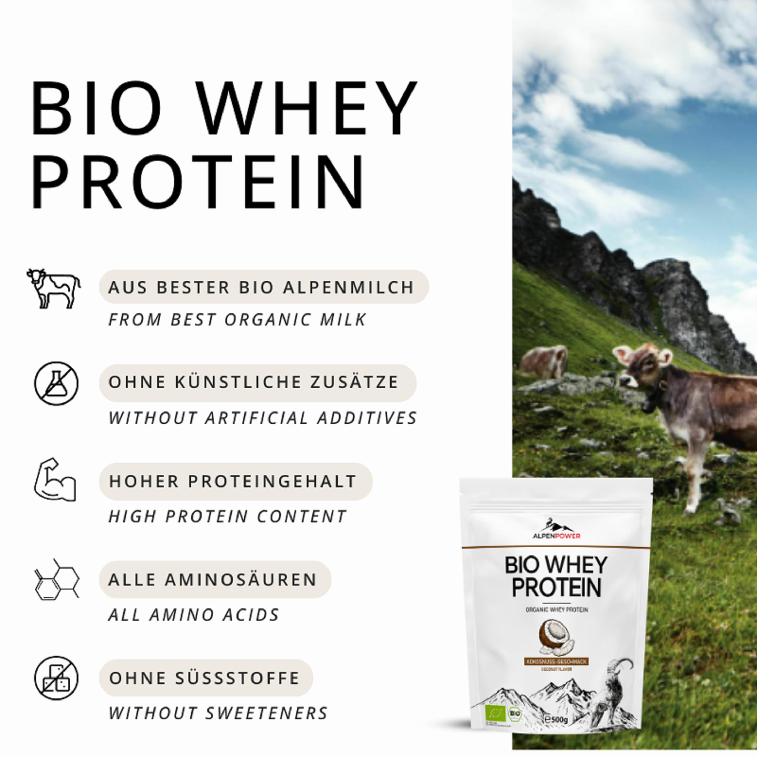 AlpenPower BIO WHEY proteine al gusto di cocco 1 kg - Ingredienti 100% naturali e senza additivi - Prodotto con il miglior latte alpino biologico - Polvere proteica CFM di alta qualità