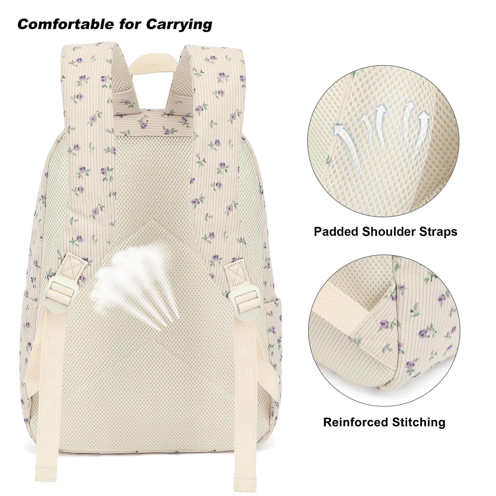 Corduroy Mädchen-Rucksack-Set, 3-teilig, Schulrucksäcke für Kinder, Grundschultaschen mit Lunchbox, Federmäppchen, Beigefarbener Kordsamt, Blumenmuster, Violett, 12.2"L x 6.7"W x 16.9"H