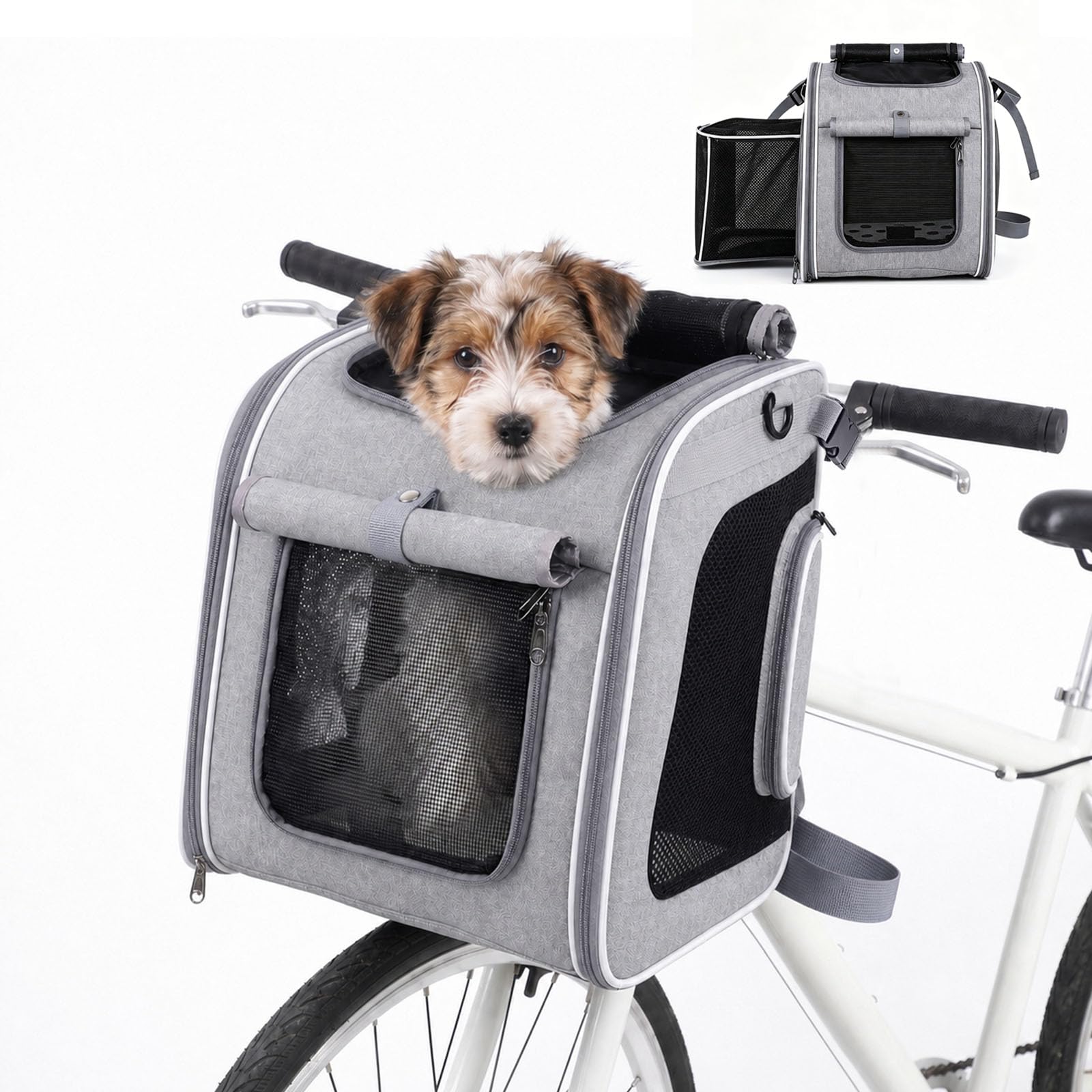Hundefahrradkorb vorne, Faltbarer Erweiterbarer Fahrradkorb für Hunde mit Sicherheitsgurt & Mesh-Fenstern, Wasserabweisende Transporttasche für Kleine Hunde Katzen für Die Meisten Fahrräder - Grau