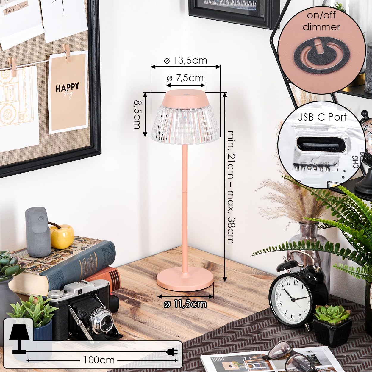 HOFSTEIN Lampe de table LED Macos, à intensité variable en métal/plastique rose/transparent, réglable avec variateur tactile, hauteur 38 cm, 1 watt, 100 lumens, salon, chambre à coucher, bureau