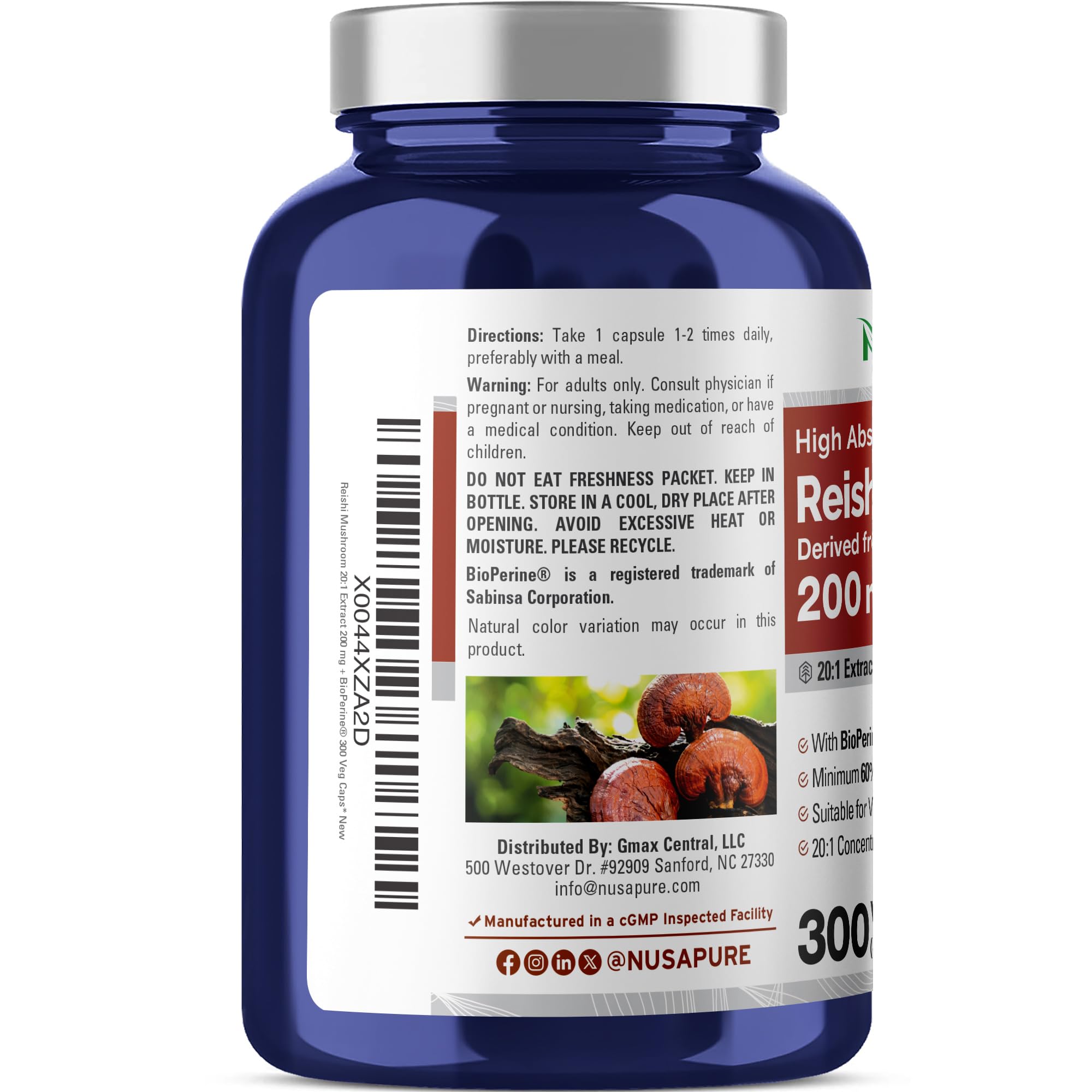 NusaPure Reishi Mushroom, Vegan, 200mg, 300 Veg Capsules - 300 Servings — Amazon image 3