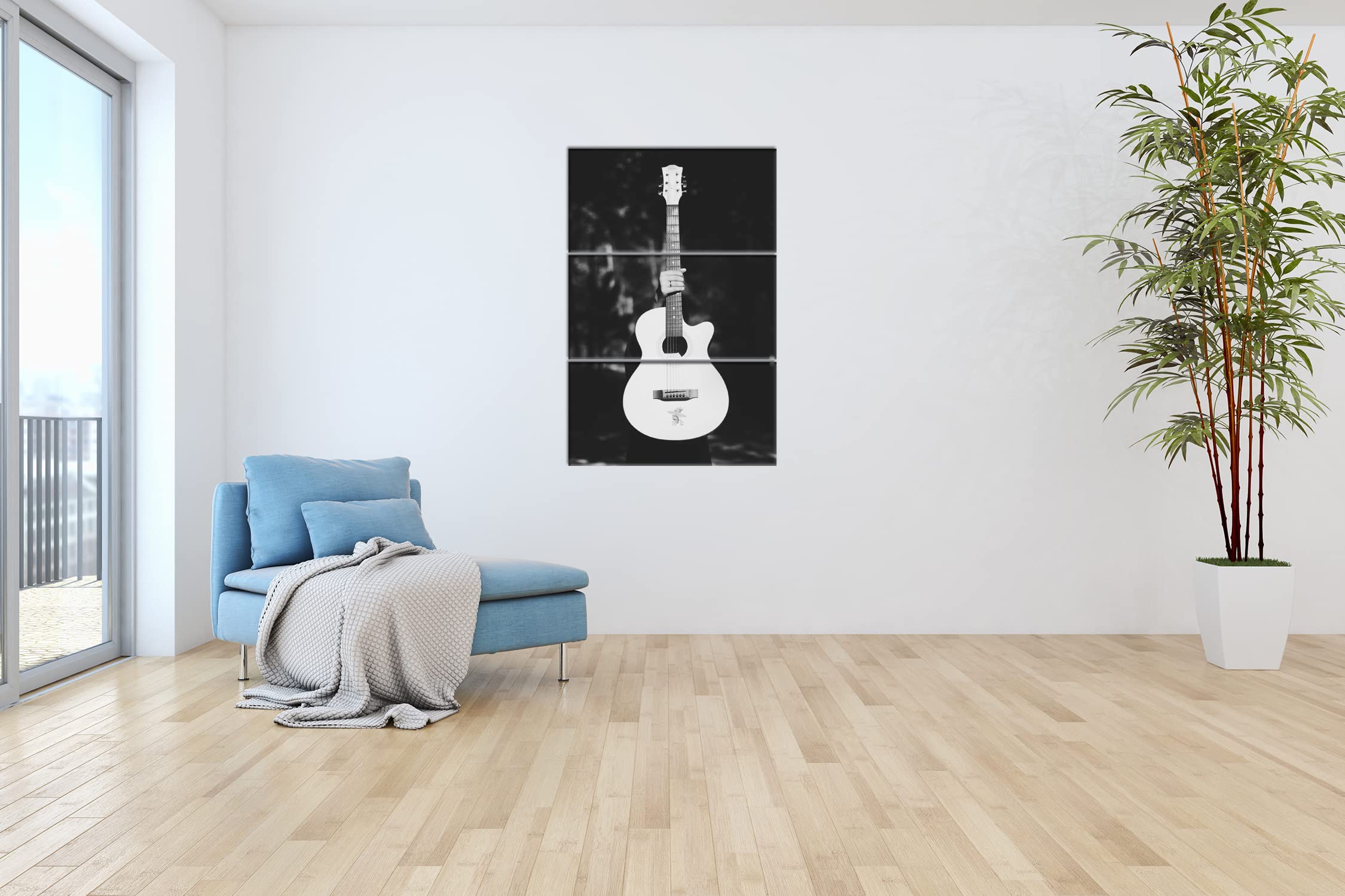 deyoli Chitarra acustica bianca Formato: 120 x 80 cm (3 pezzi). Effetto: bianco e nero come tela su tela, motivo già incorniciato su telaio in vero legno, stampa digitale di alta qualità con cornice