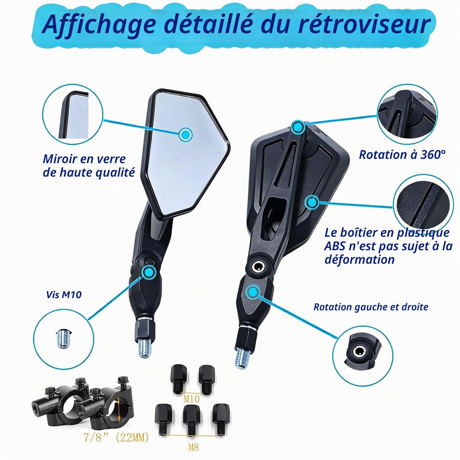 Rétroviseurs de Moto Guidon Universels 7/8" 22mm, M8 M10 Rétroviseurs Latéraux Moto Compatible avec MT09 MT07 Touring Street Bike Yamaha Suzuki Cruiser chopper ATV Custon