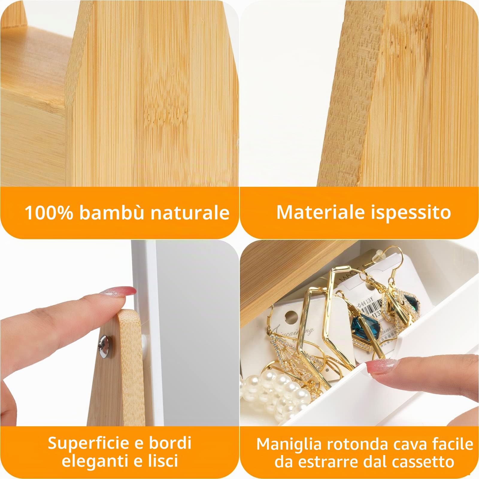 YEAKE Specchio per trucco doppio lato con ingrandimento e spazio di archiviazione, supporto naturale in bambù regolabile, specchio da tavolo/scrivania portatile, rettangolare