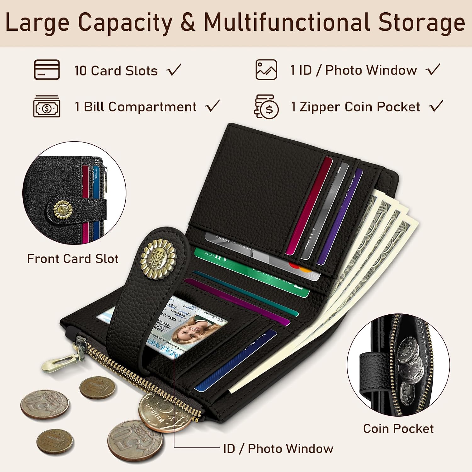 Kelvoris Small Rfid Women Wallet Bifold Zipper Coin Pocket Black image 4