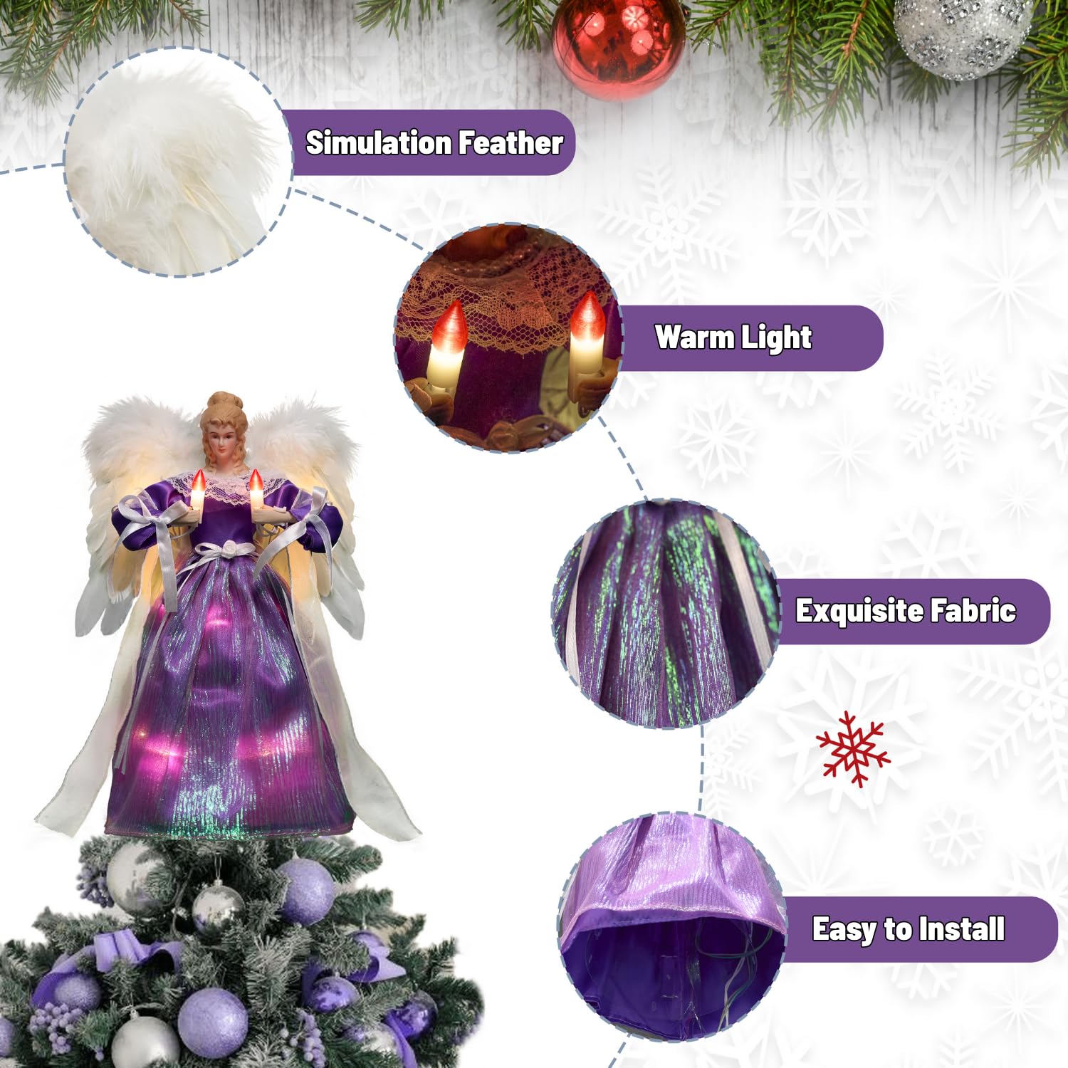 Décoration de sapin de Noël en forme d'ange avec ailes mobiles Violet