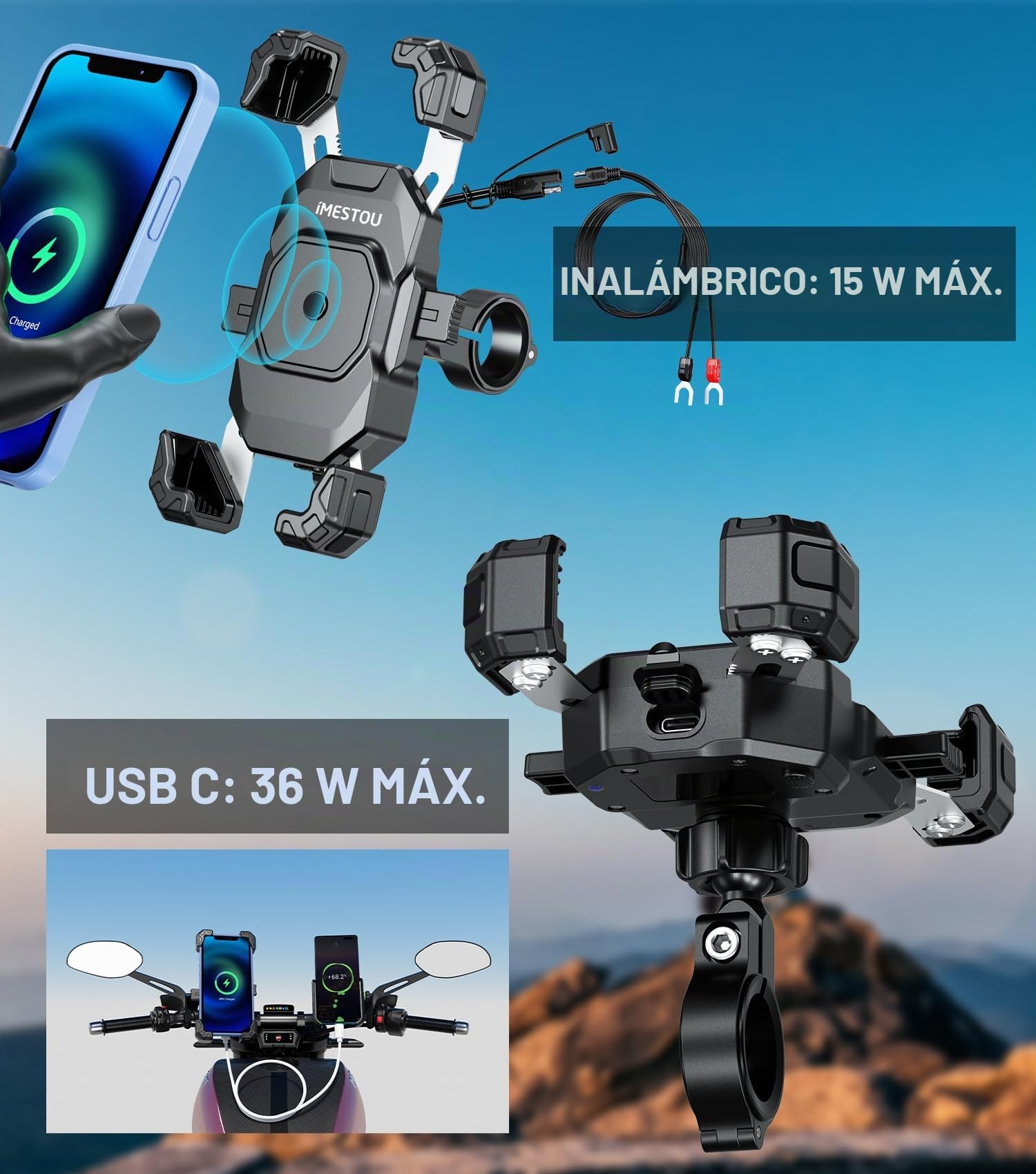 iMESTOU Cargador Inalámbrico USB C para Motocicleta con Cable de Anillo SAE-O Desmontable, se Adapta a Teléfonos de 5.5"-7.2" con Grosor de hasta 15 mm, Ancho <93 mm, Funciona con 12/24V Motocicleta