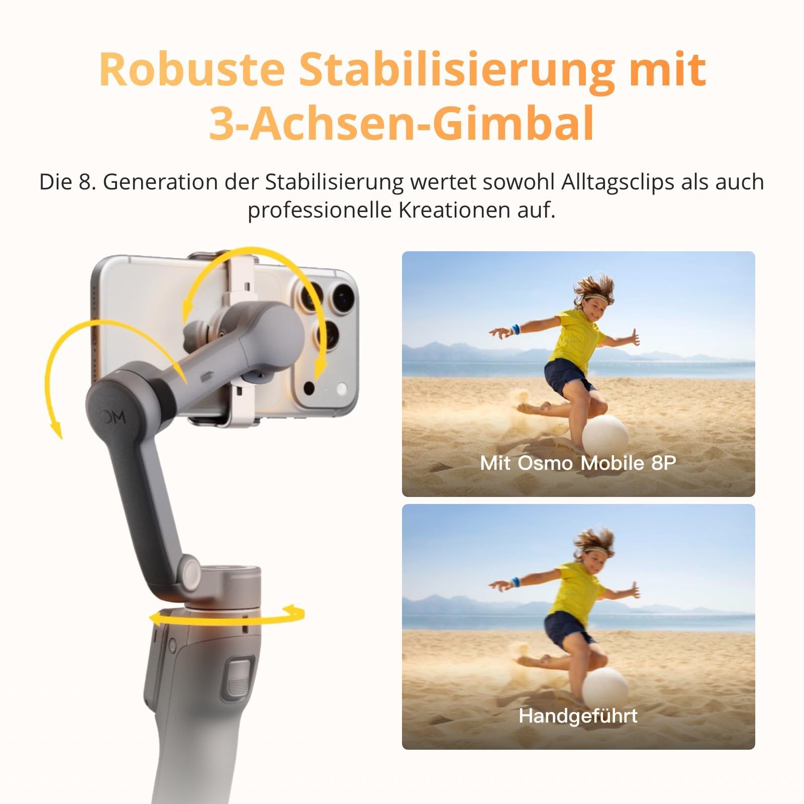 DJI Osmo Mobile 8P +Ladestecker Gimbal-Stabilisator für iPhone & Android, Tracking-Modul, Fernsteuerung, Natives Tracking, Verlängerungsstab & Stativ integriert, 10h Akku, 3-Achsen-Stabilisierung