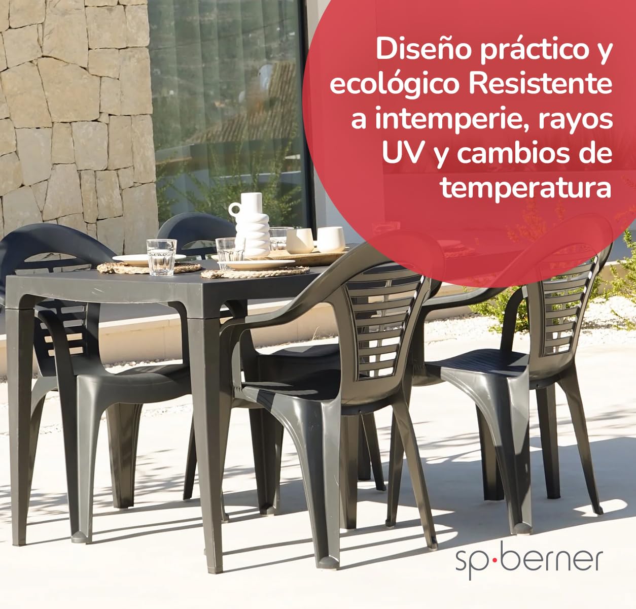 SP Berner SHAF - Pack 6 Sillas de Jardín Apilables - Exterior Terraza y Espacios Comerciales - Plástico Reciclado Resistente UV - Fabricadas en España - Modelo Menorca - Antracita