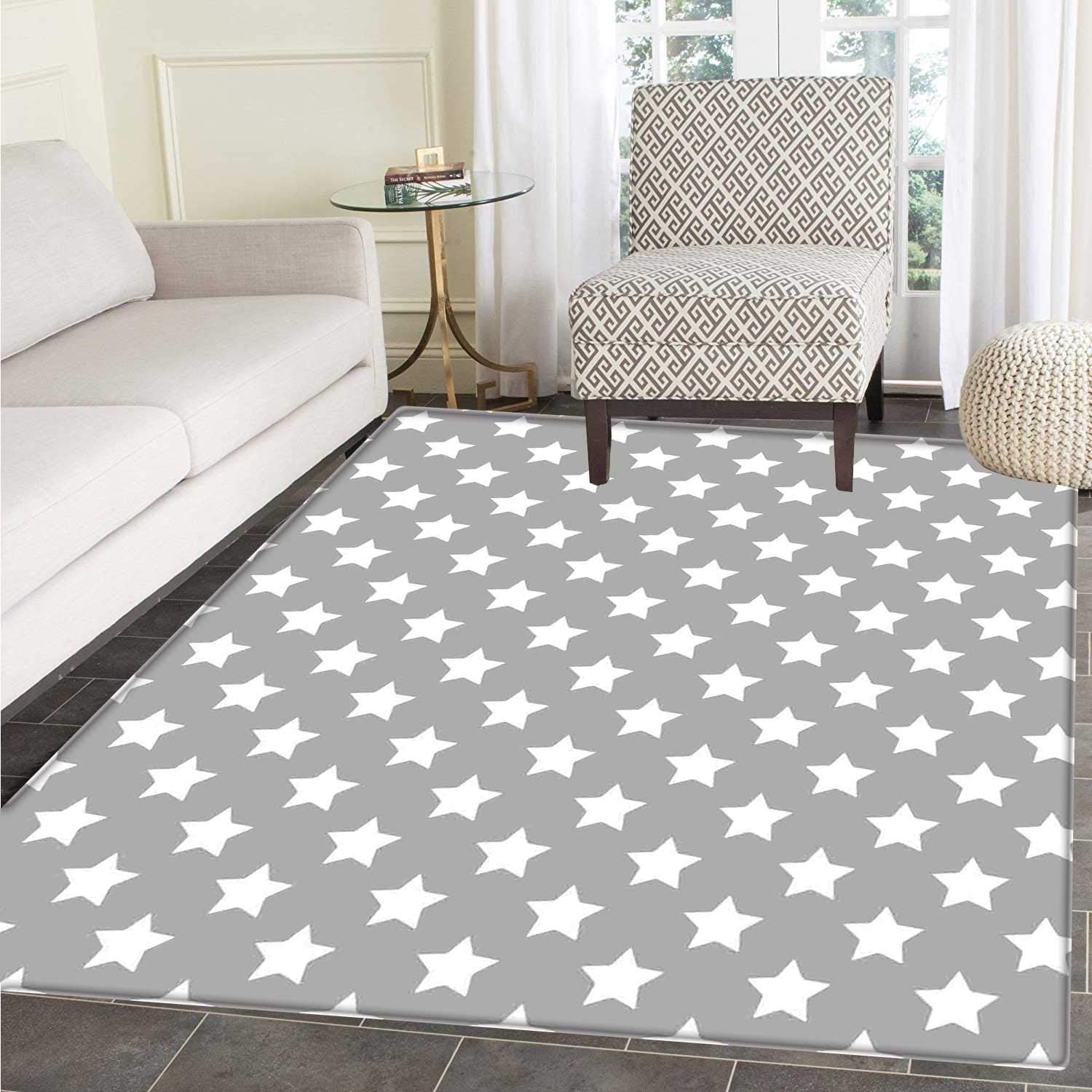 Star Dining Room Home Bedroom Carpet Floor Mat Big Stars Pattern Monochrome Artful Modern Baby Nursery Design Starry Night Themed Non Slip Mat 5'x6' Grey White
