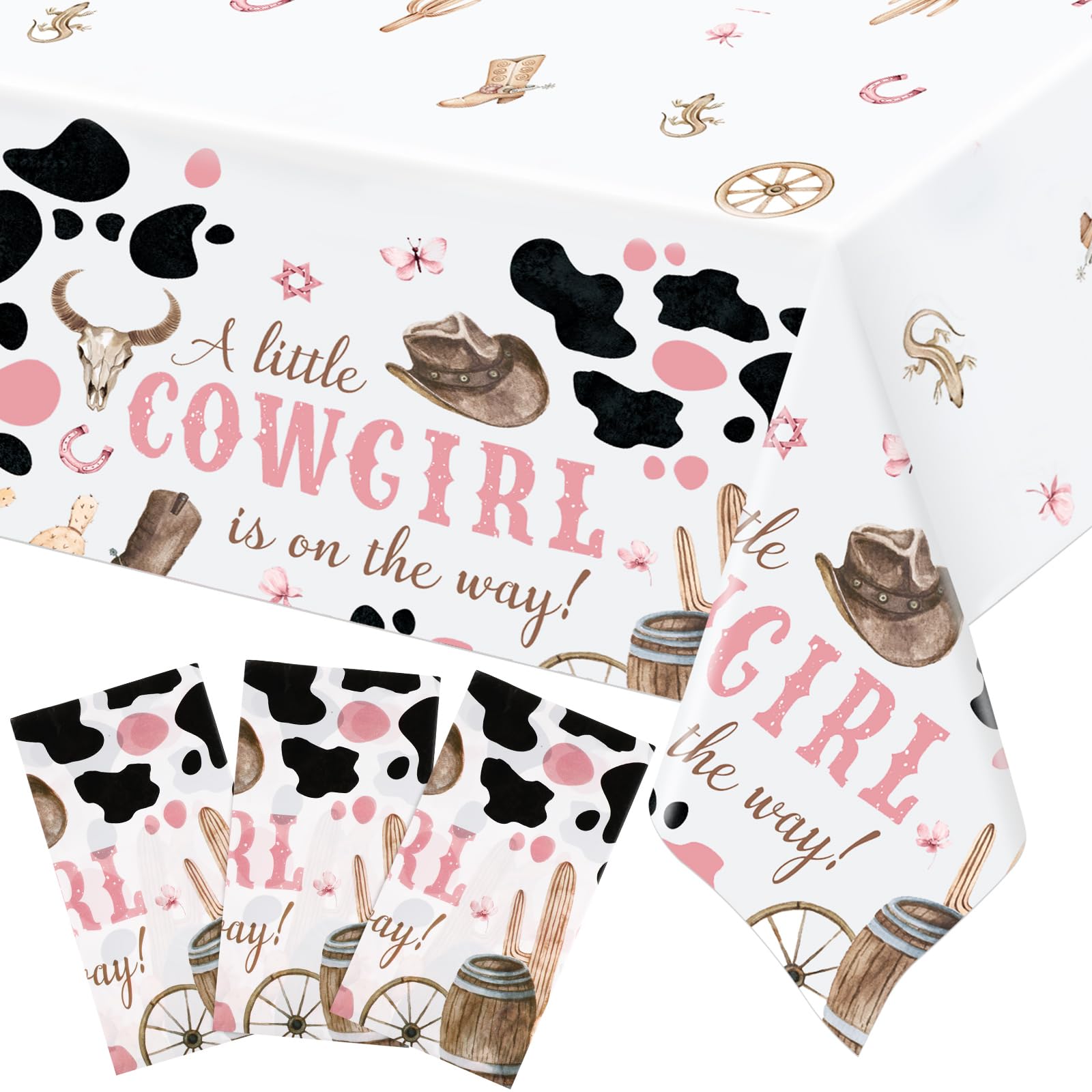 Ganeen 3 Pcs Western Cowgirl Party Decoration Cowgirl Tablecloth Disposable Plastic Table Cover Waterproof Tablecloth for Western Rodeo Baby Shower Birthday Party Decor, 54 x 108 Inch