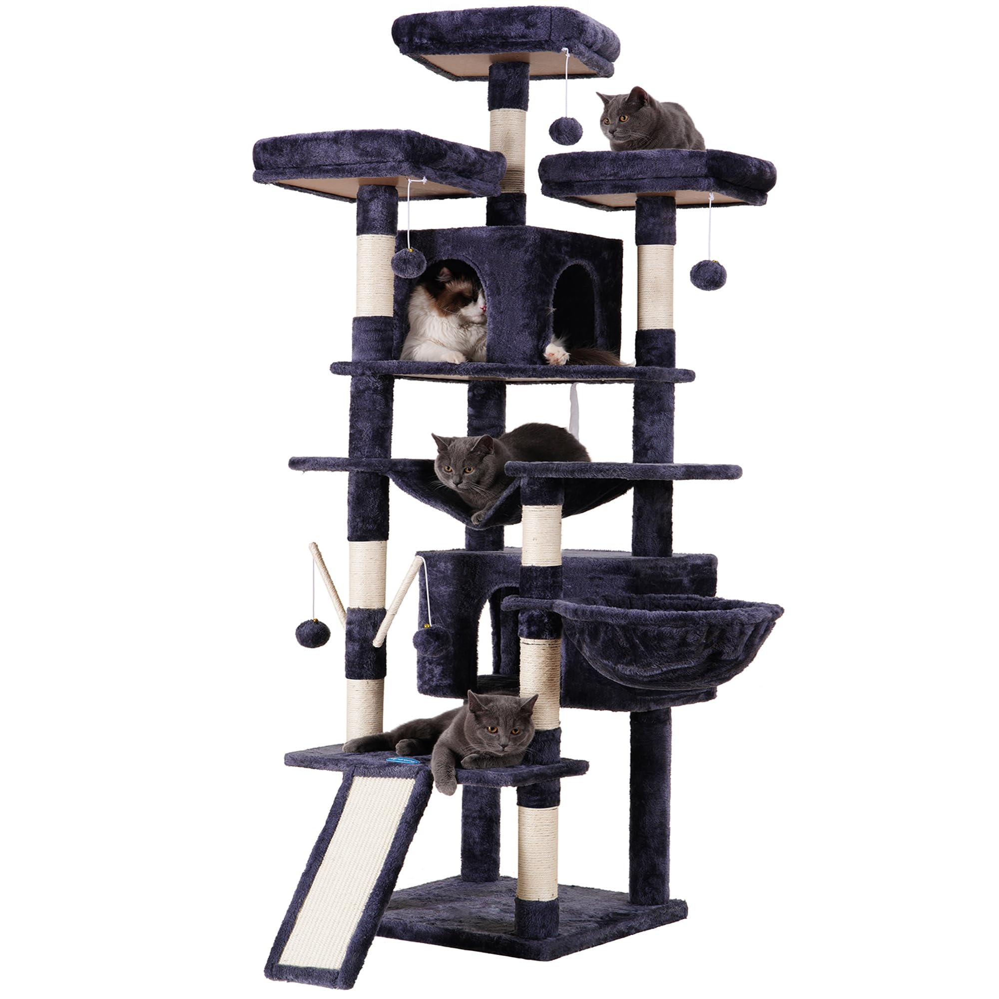 Hey-brother Cat Tree, 71 inches XL Large Cat Tower for Indoor Cats, Multi-Level Cat House with 3 Padded Perches, Big Scratcher, Cozy Basket, 2 Cat Condos and Scratching Posts, Smoky Gray MPJ034G - Smoky Gray