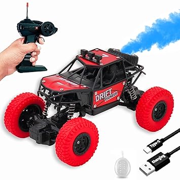 JOYMAX 4WD Remote Control Off-Road Rock Crawler Car with Realistic Smoke Effect, 2.4GHz Long Range Control, Rechargeable Battery Powered RC Truck, Durable All-Terrain Climbing Toy for Kids (Red)