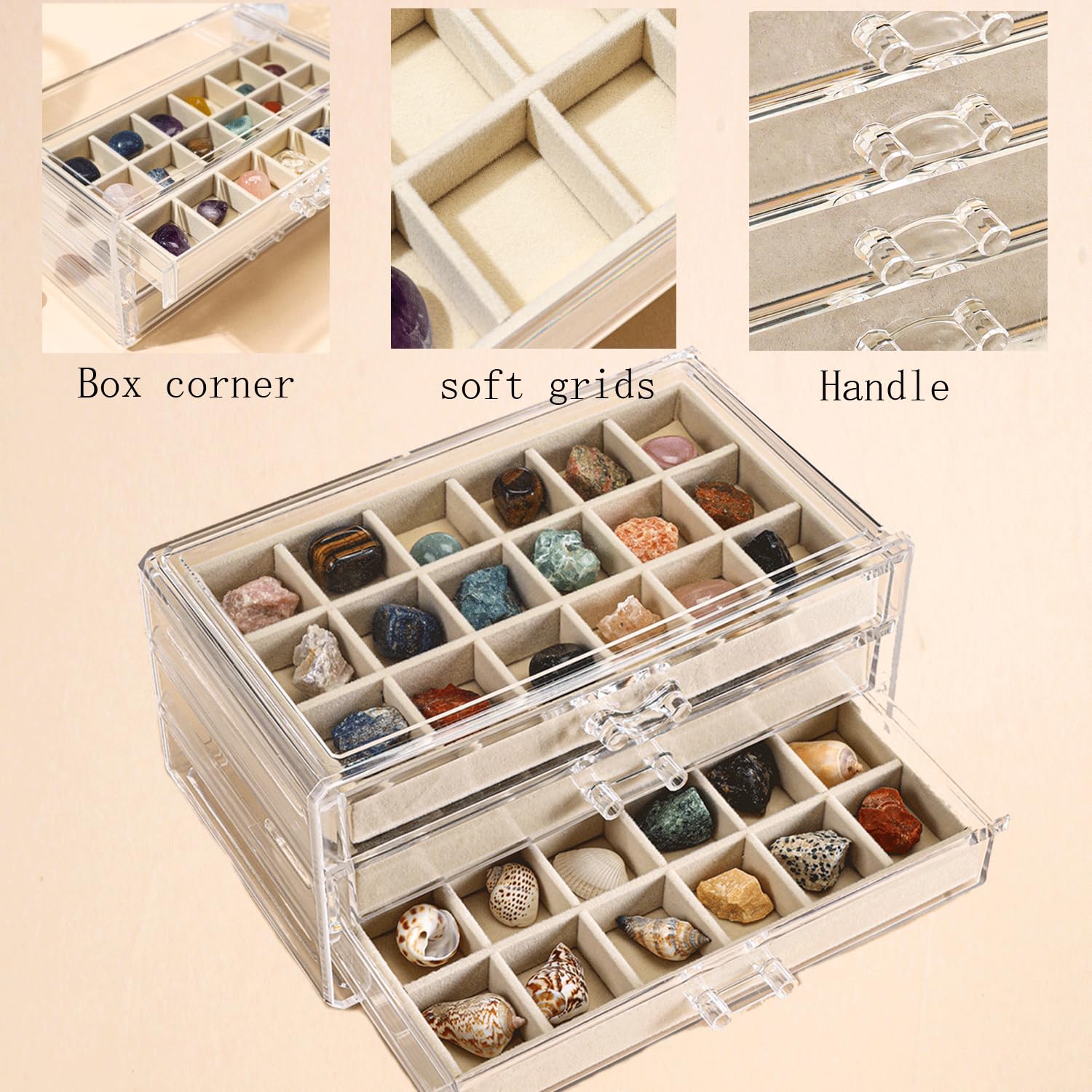 CLUQMEIK Acrylic Rock Collection Display Case with 54 Grids Storage Compartments Rock Collection Boxes Display Organizer Collection Storage Display Cases for Collectibles Crystal /Rock?Beige?