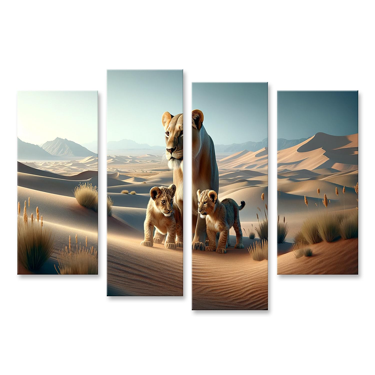 islandburner Cuadro sobre lienzo Madre León Con Sus Dos Jóvenes En Un Paisaje Desértico. La Imagen Está En Altitud Cuadros Murales Póster