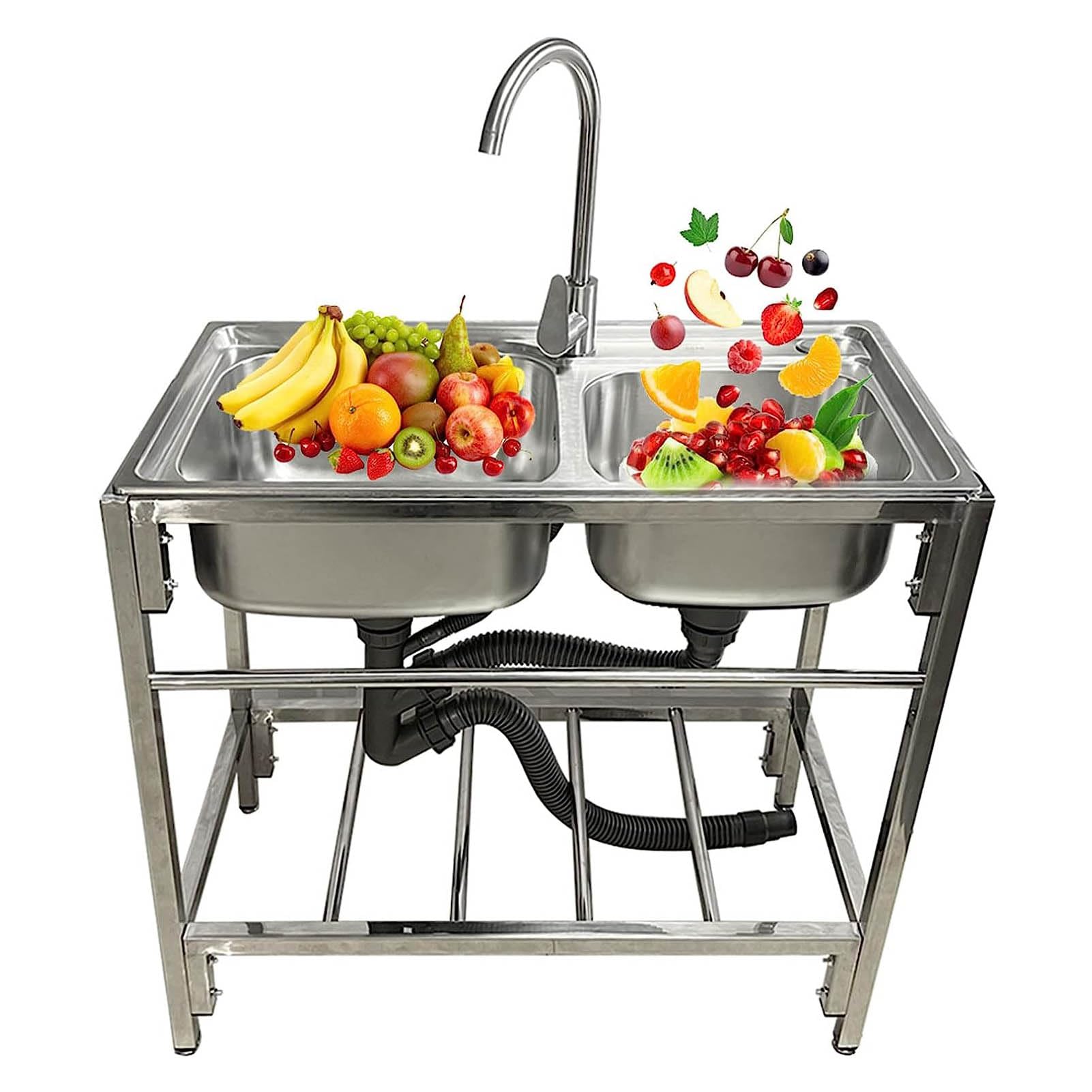 Lavavajillas Multifuncional de 2 Compartimentos para Uso Comercial, con Doble Cuy Grifo Giratorio de 360°. Ideal para Cocina, Lavandería, Exteriores, Garaje Y Restaurantes.