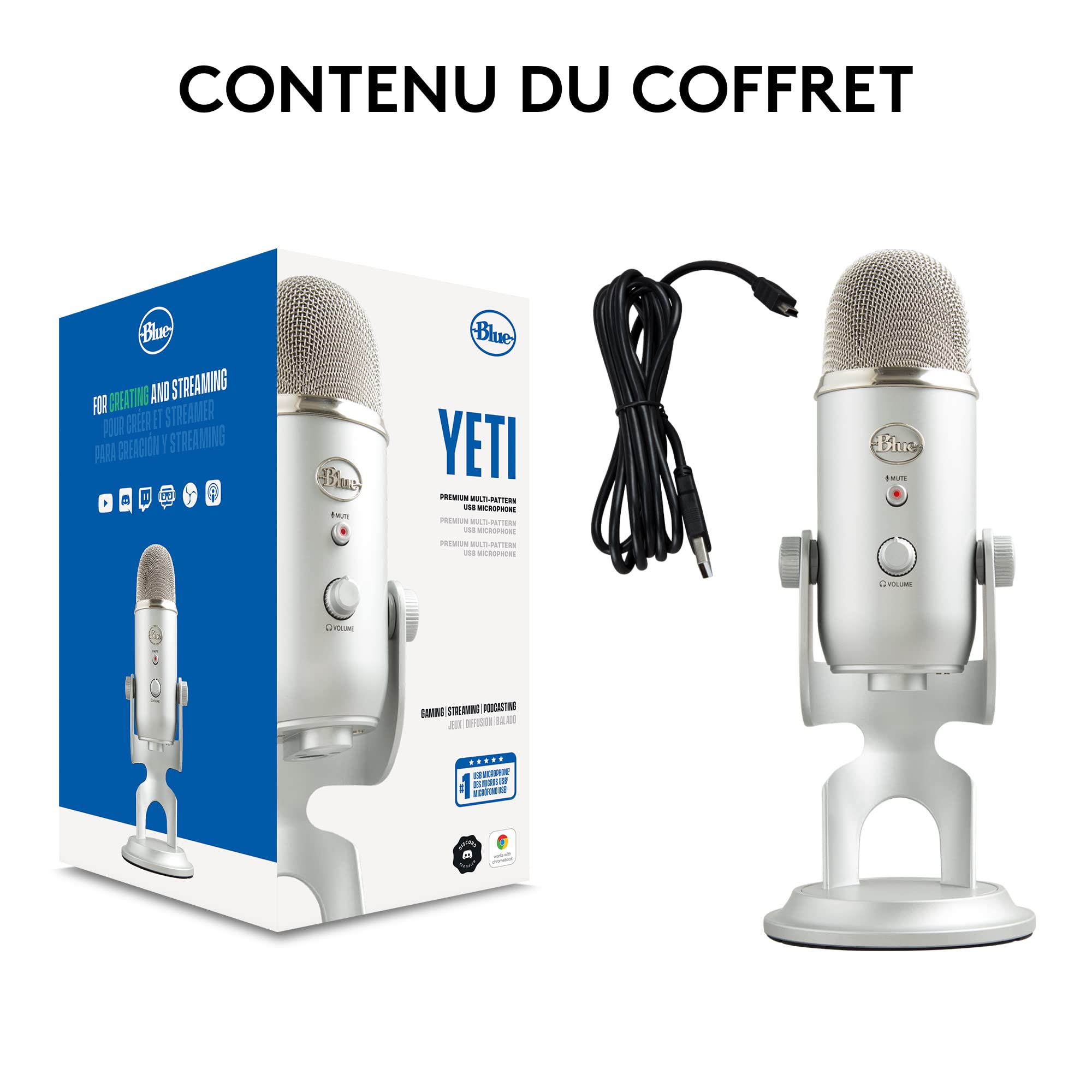 Blue Microphones Yeti, Micro USB pour Enregistrer, Streaming, Gaming, Podcast, Micro Gaming condensateur, Micro PC & Mac avec Effets Blue VO!CE, Support ajustable, Plug and Play - Argent