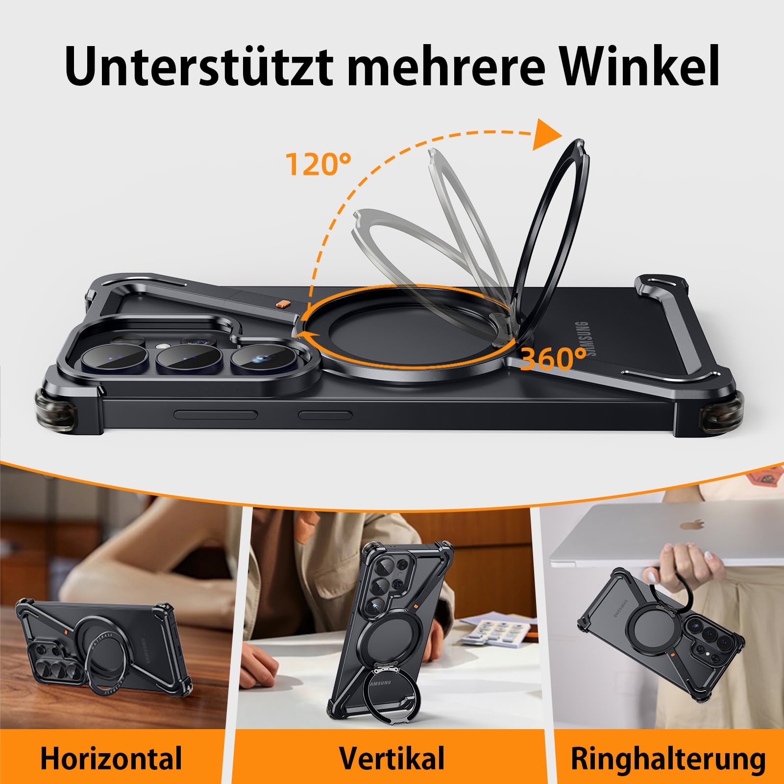 Coque de protection Z Shape pour Samsung Galaxy S26 Ultra sans cadre - Avec Magsafe - Rotation à 360° - Support magnétique - En aluminium fin - Anti-chocs - Noir