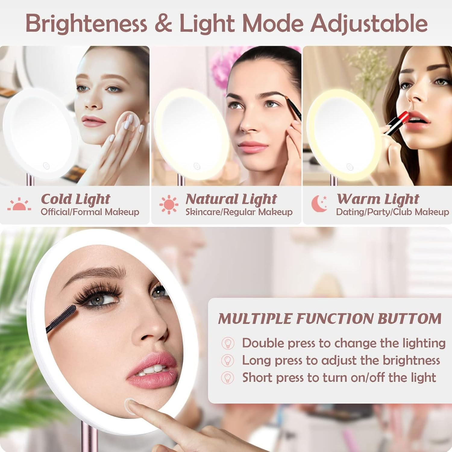 B Beauty Planet 10x Magnifying Mirror with Light and Stand, Travel Lighted Magnifying Mirror, Magnetic Rotation, Convenient Disassembly, 7" Dia Portable, Led Dimmable