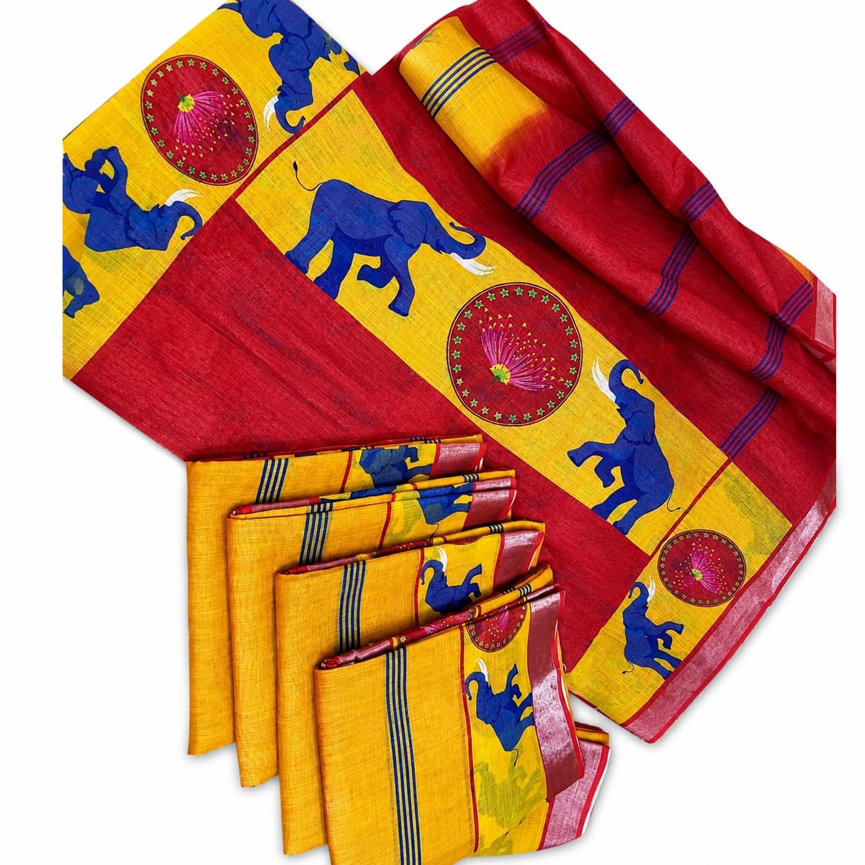 Tvk Linen Cotton Saree Yellow and Maroon Elephant Print-picture-18
