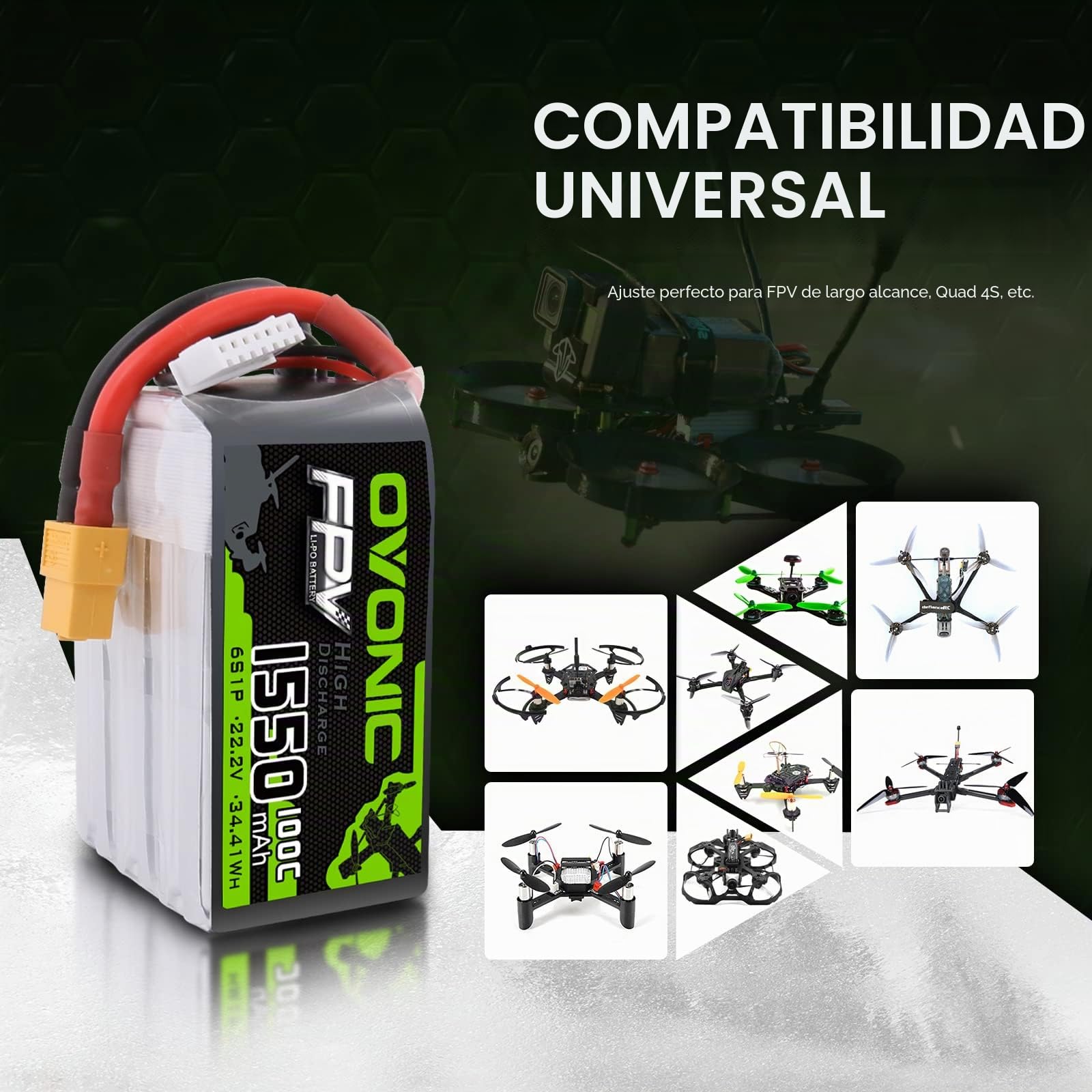 OVONIC 14.8V 1550mAh 100C 6S LiPo batería con Conector XT60 para FPV Racing RC Quadcopter Helicopter Airplane Multi-Motor Hobby DIY Partes.