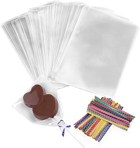 Beasea Bolsas de celofán de 4 x 6 pulgadas, bolsas de celofán, 300 bolsas de violonchelo para piruletas con 4 colores mezclados, lazos para