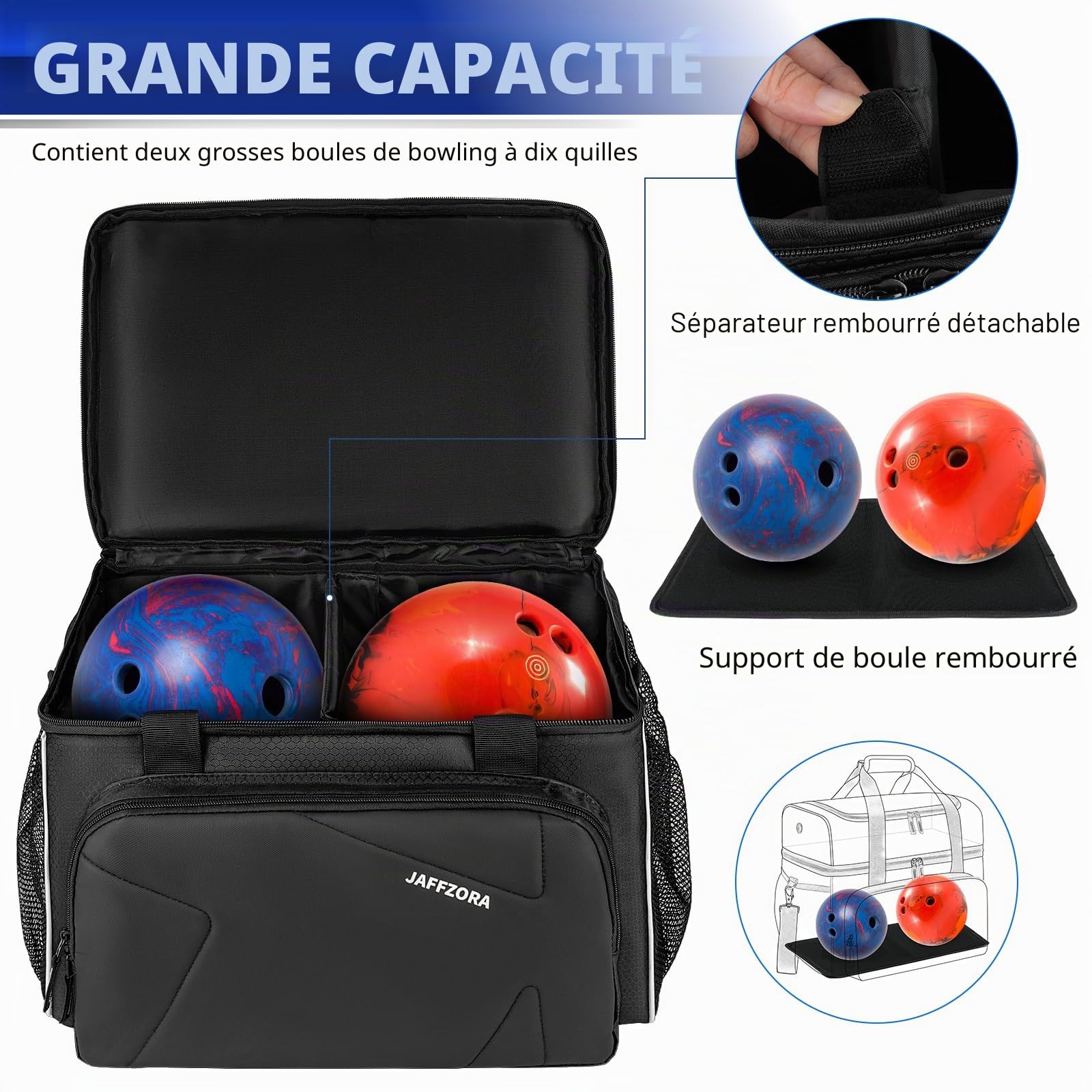 Sac à balles de bowling avec coussin rembourré amovible et support de balle, convient pour une seule paire de chaussures de bowling jusqu'à la taille 16 pour homme, noir